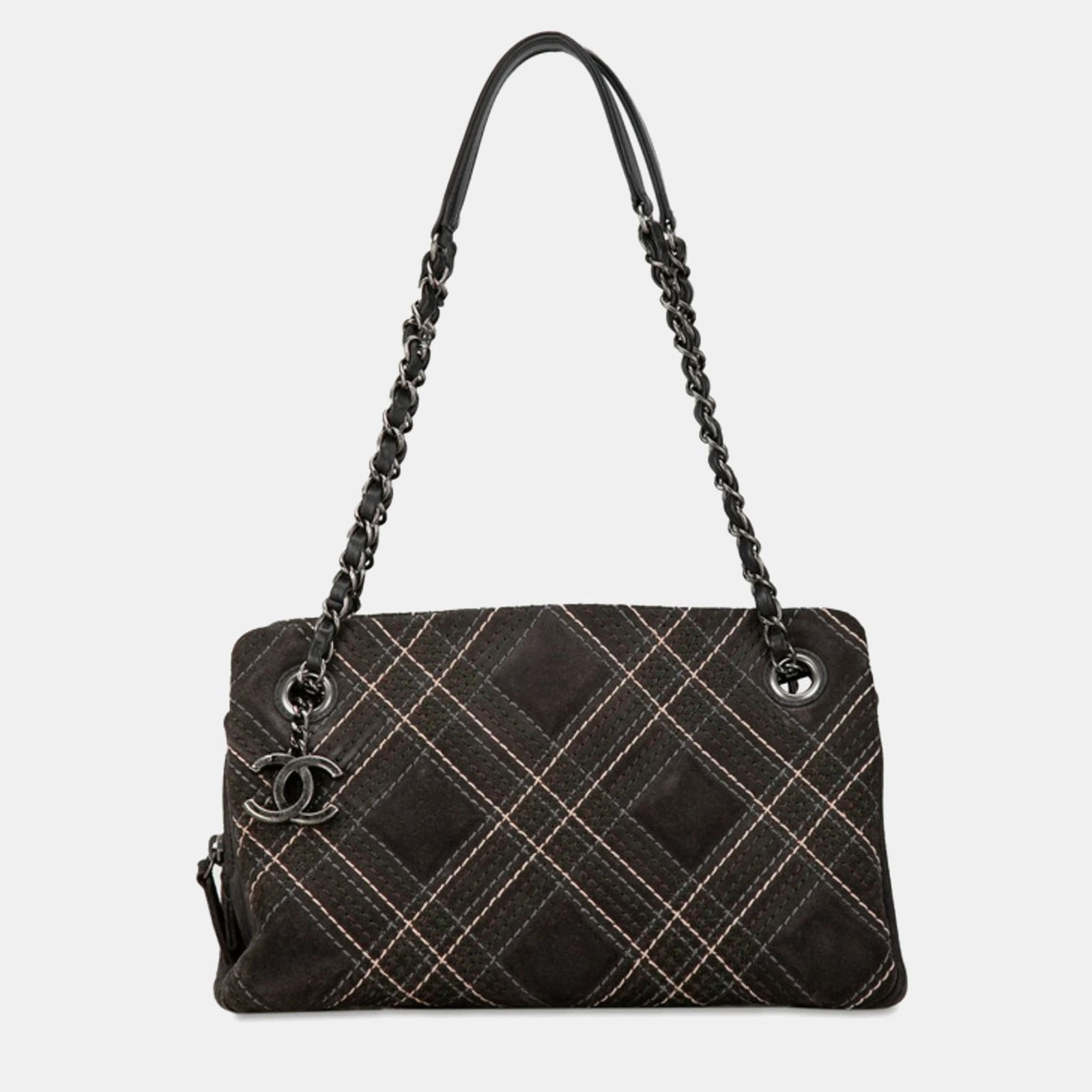 Chanel Grey Suede Leather Wild Stitch Coco Mark Chain Shoulder Bag