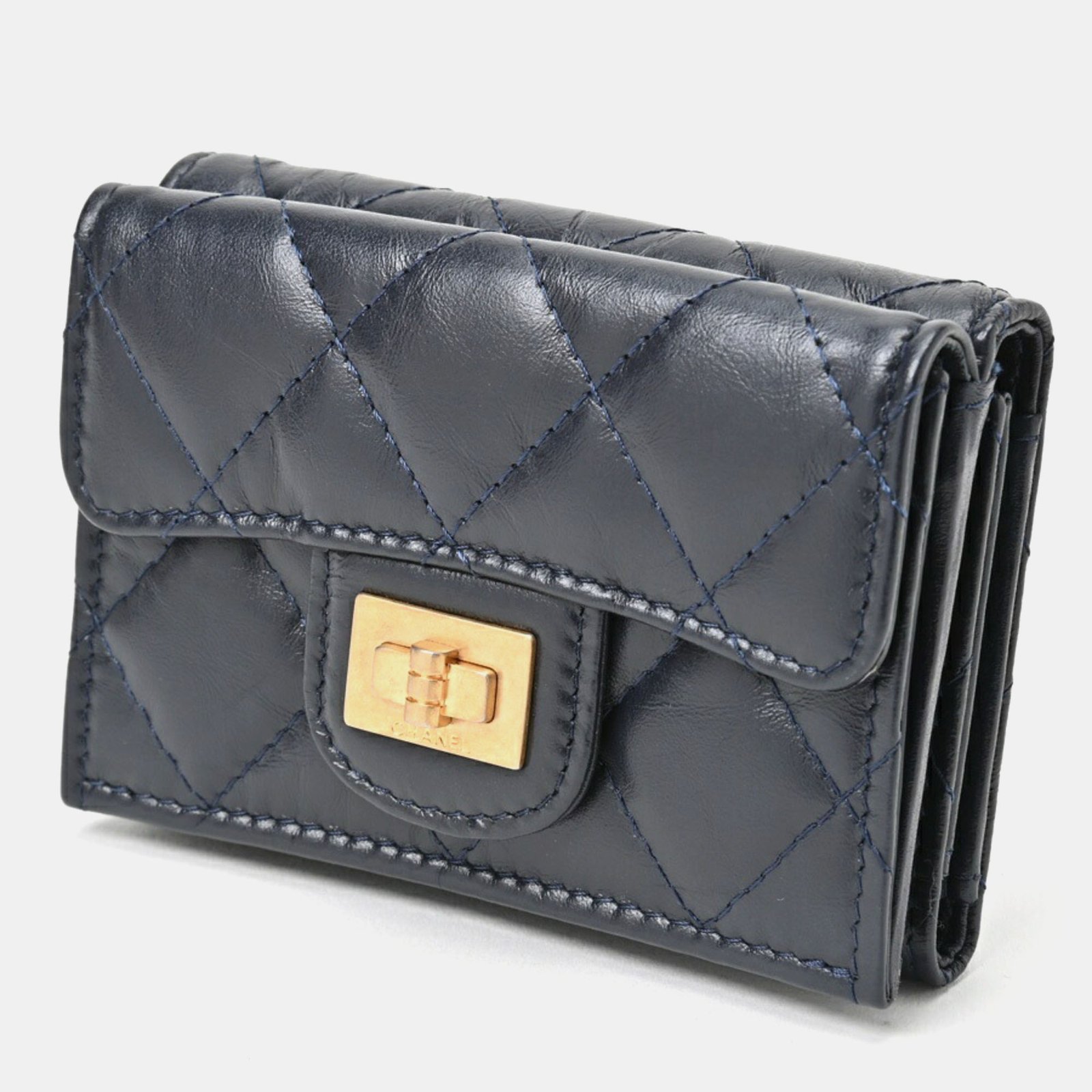 Chanel Navy Lambskin Matelasse 2.55 Small Flap Tri-fold  Wallet