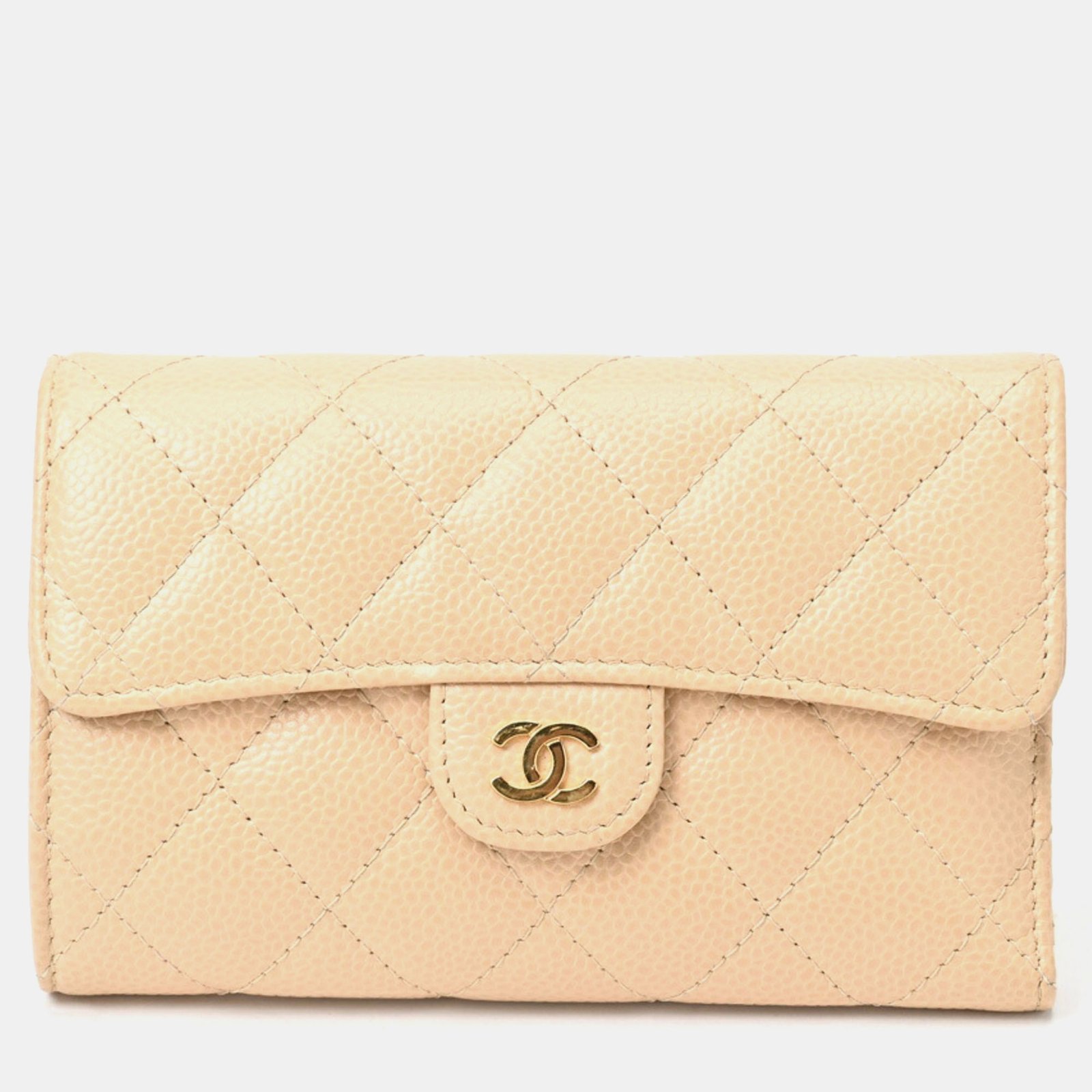 Chanel Beige Caviar Skin Matelasse Medium Flap Wallet