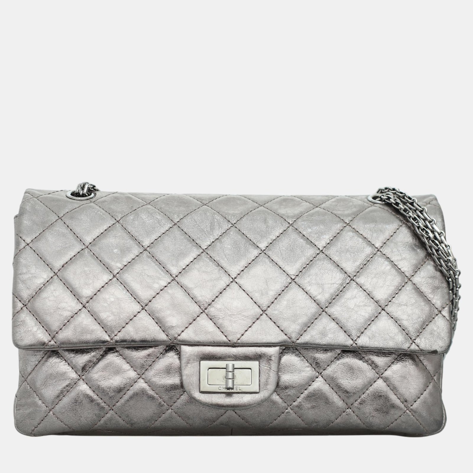 Chanel Metallic Grey Leather 227 Double Flap Bag
