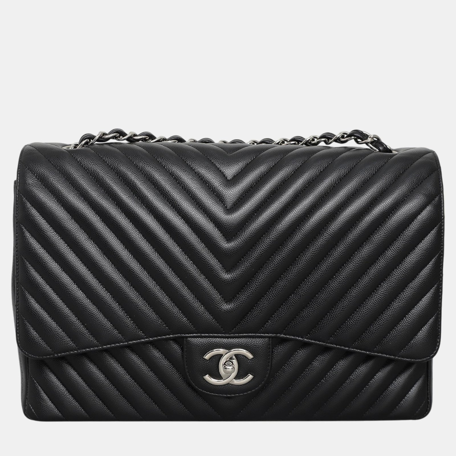 Chanel Black Caviar Leather Chevron Maxi Double Flap Bag