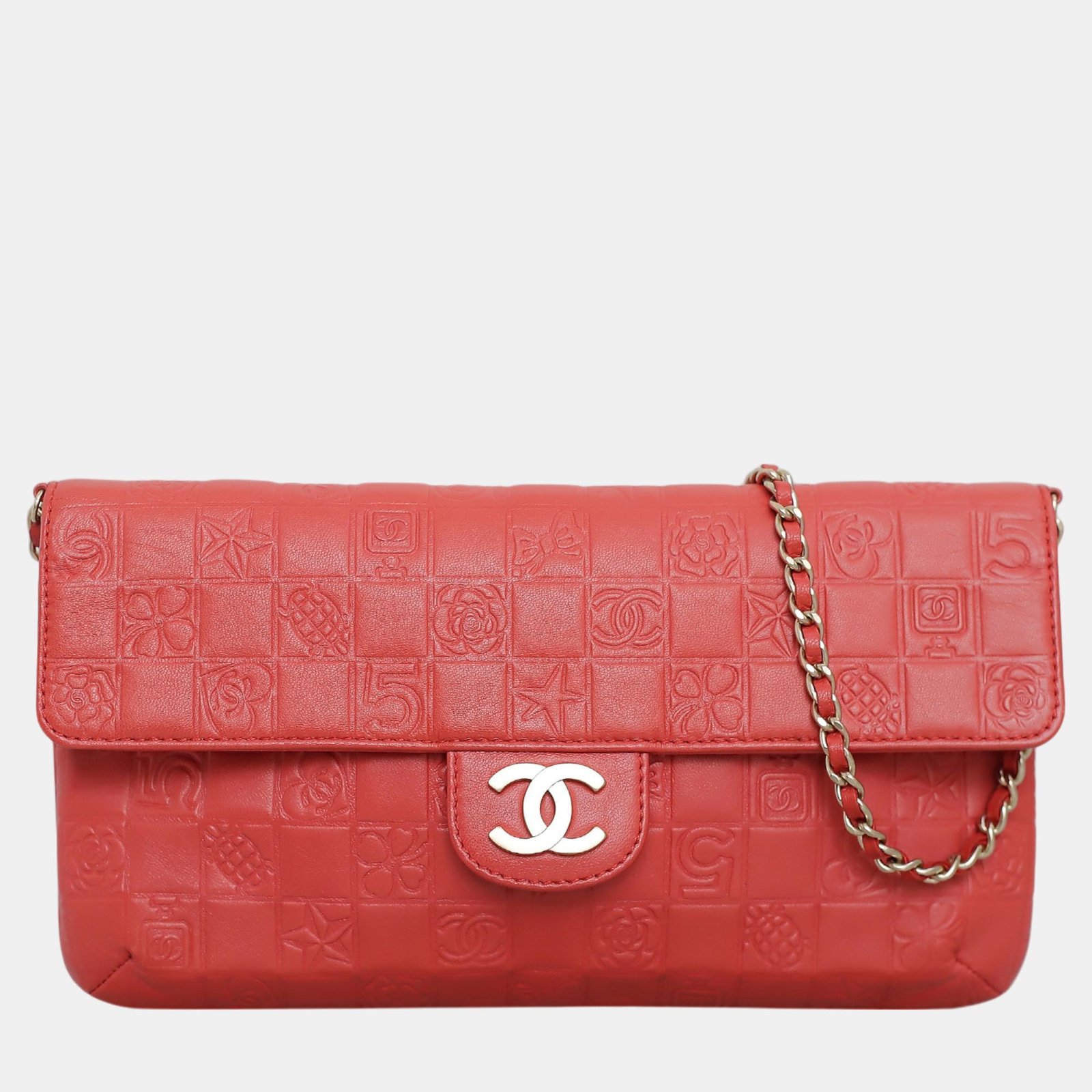 Chanel Red, Coral Lambskin Leather Precious Symbols Flap Shoulder Bag