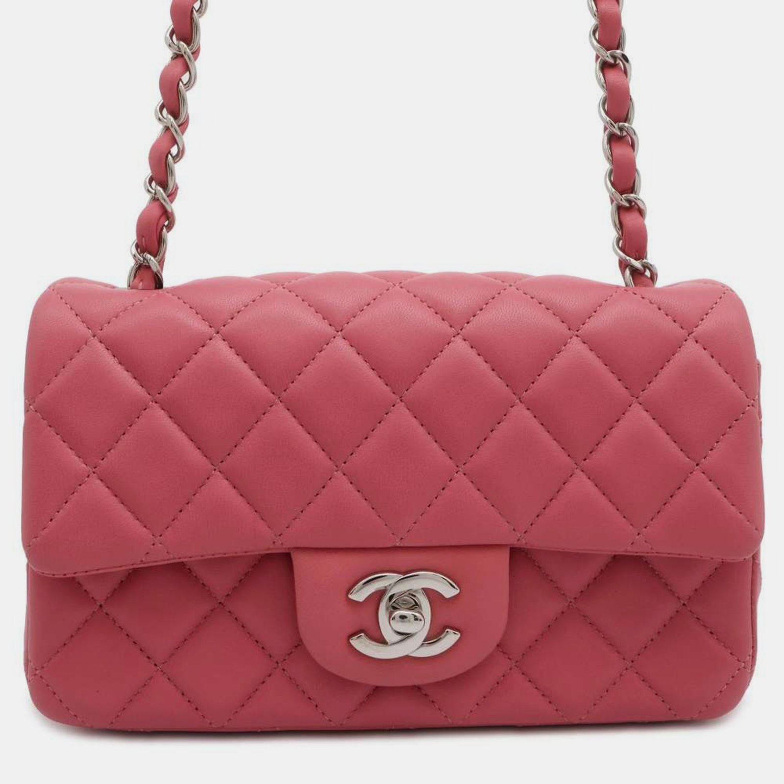 Chanel Pink Lambskin  Mini Matelasse Chain Shoulder Bag Size Mini