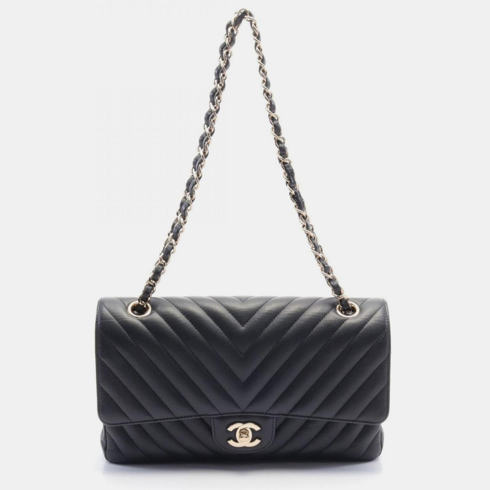 Chanel Chevron V-Stitch W-Flap Caviar Skin (Grained Calf) Black Shoulder Bag