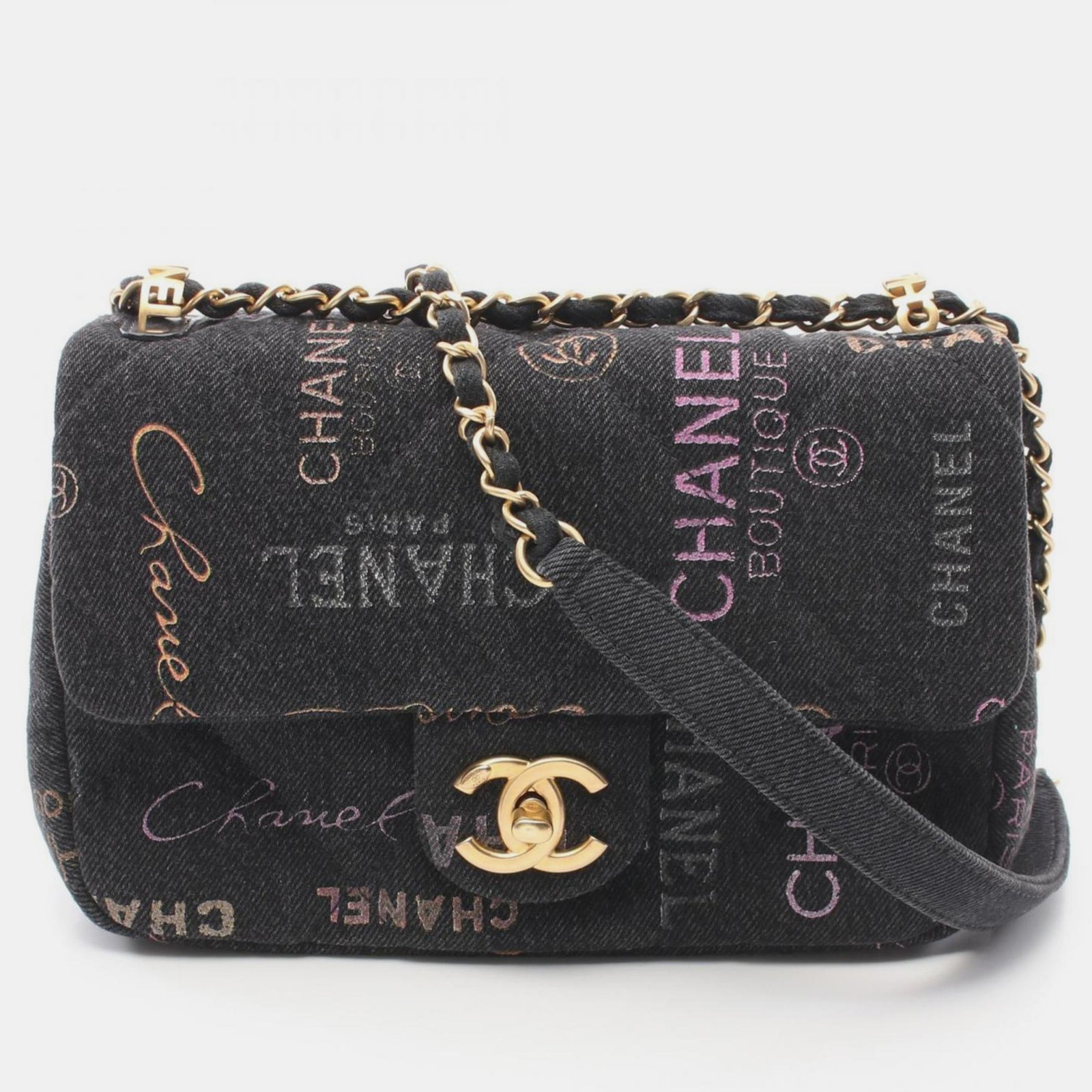 Chanel Black Multicolor Denim Matelasse Shoulder Bag