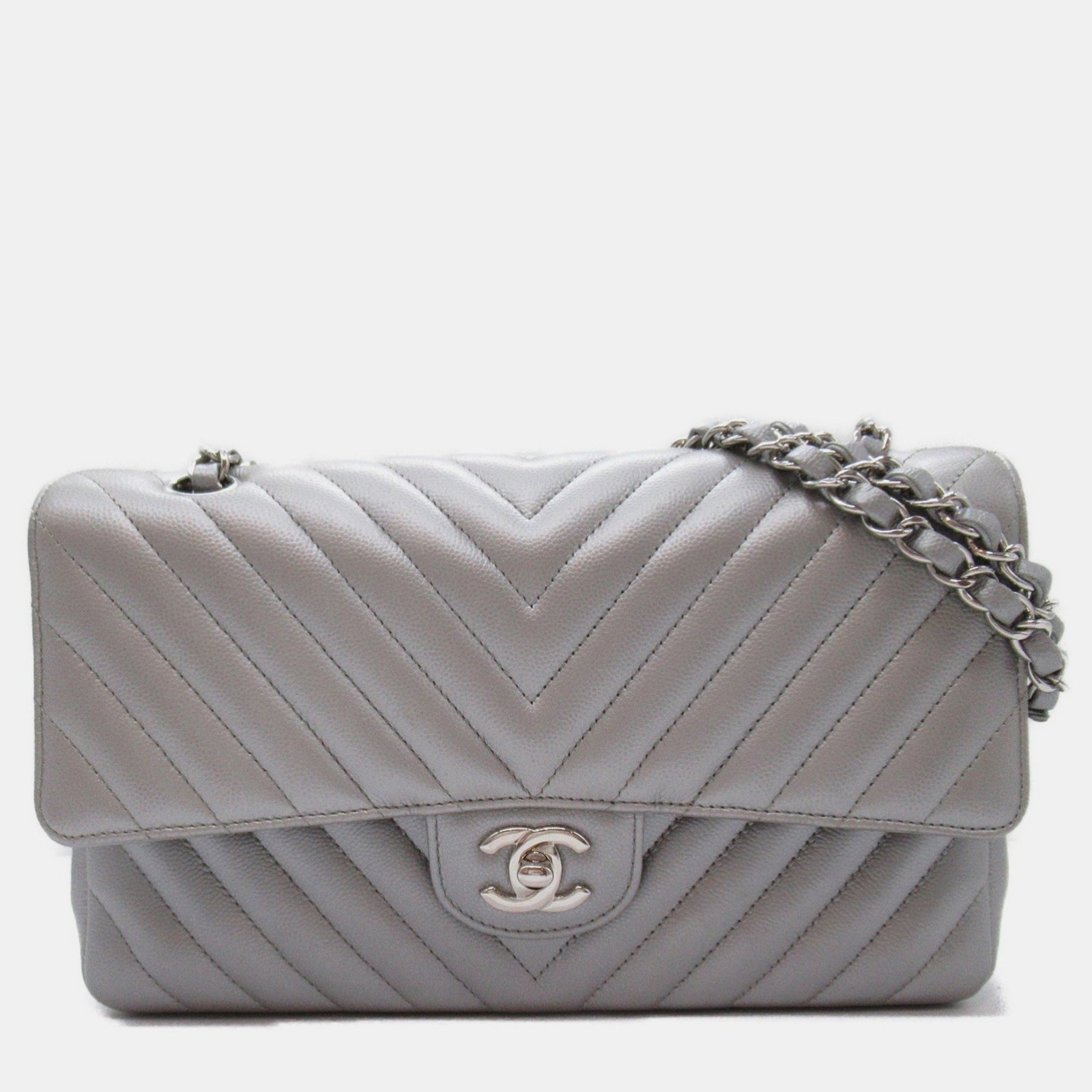Chanel Silver Caviar Skin (Grained Calfskin) V-Stitch Chain Shoulder Bag
