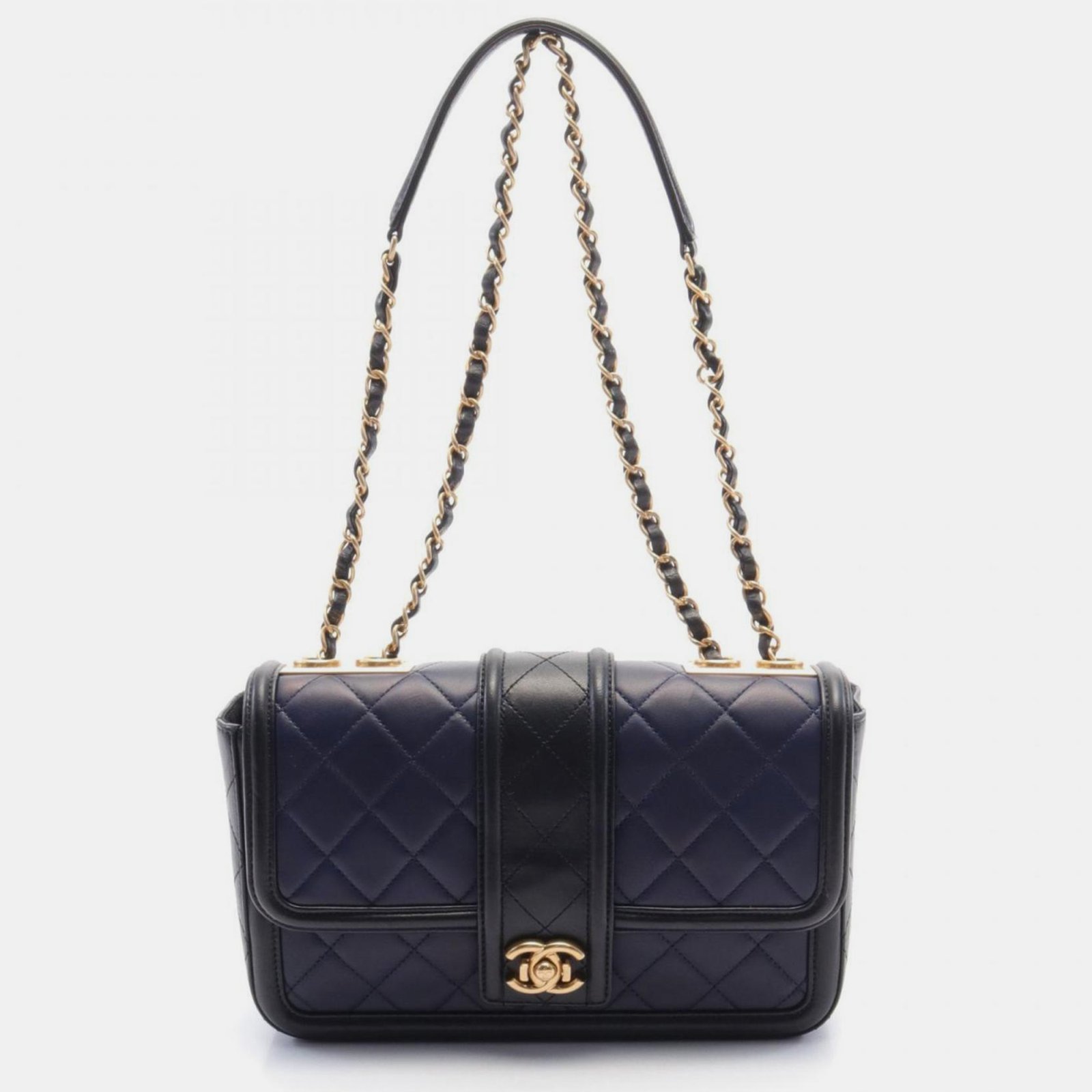 Chanel Navy Black Lambskin Matelasse Shoulder Bag