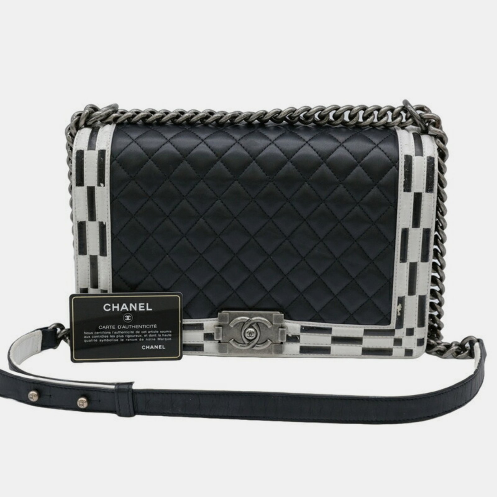 Chanel Black White Seal Lambskin Boy Chanel Chain Shoulder bag