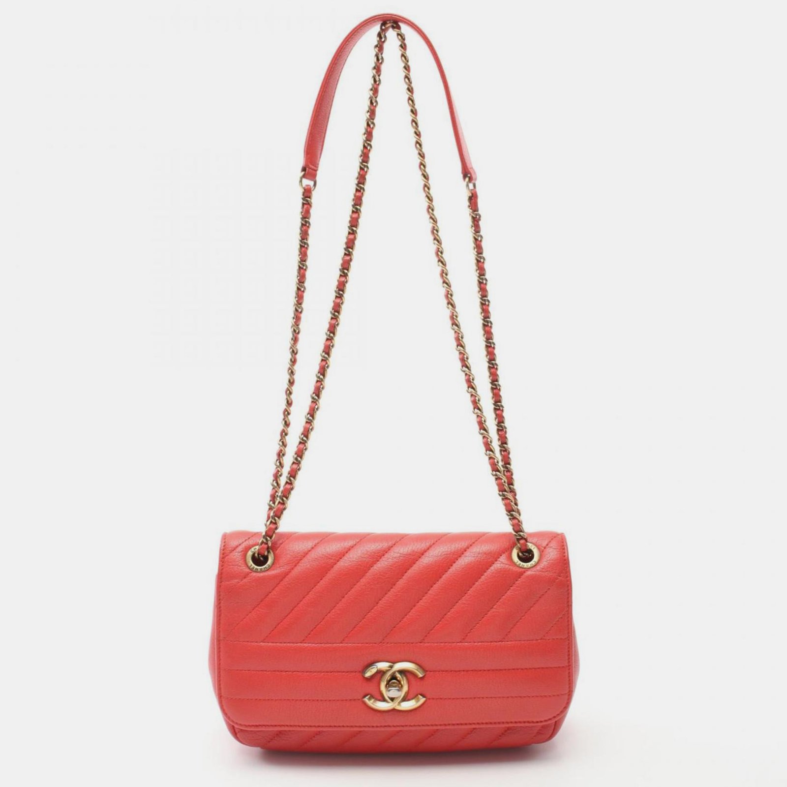 Chanel Red Leather Chevron Bias Stitch Shoulder Bag