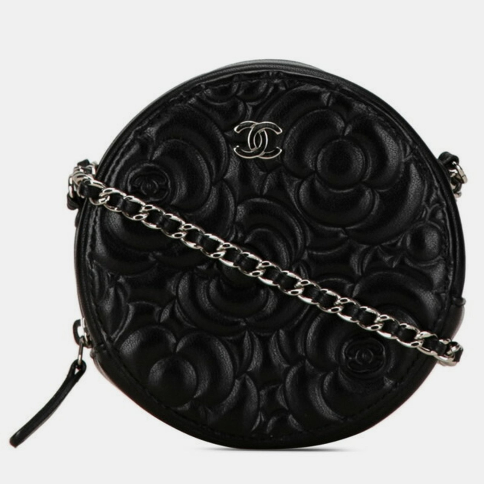 Chanel Black Leather Camellia Round Chain Pochette Shoulder Bag