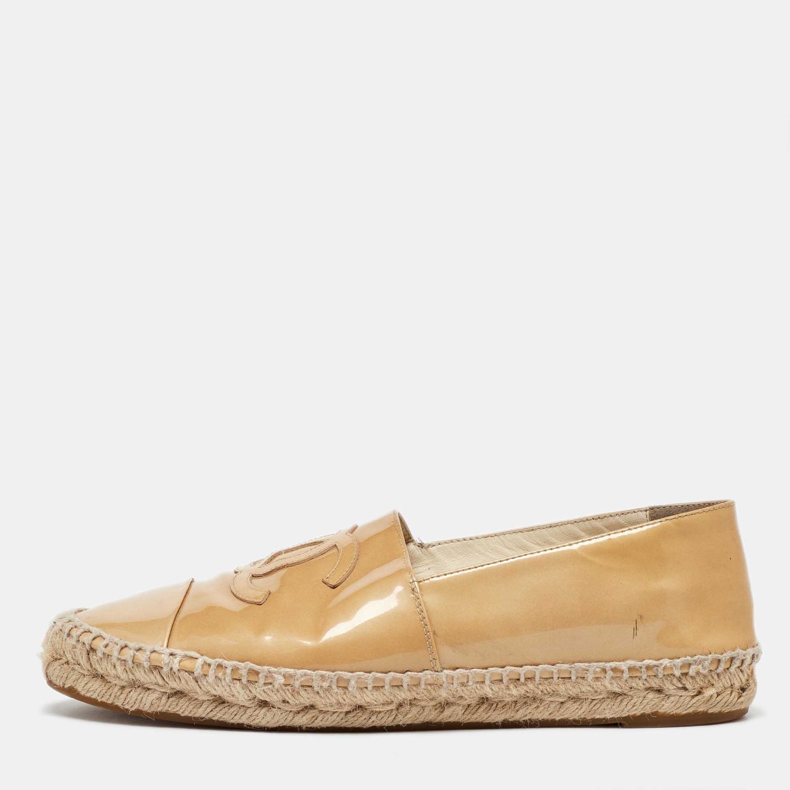 Chanel Beige Patent Leather CC Cap Toe Espadrille Flats Size 40