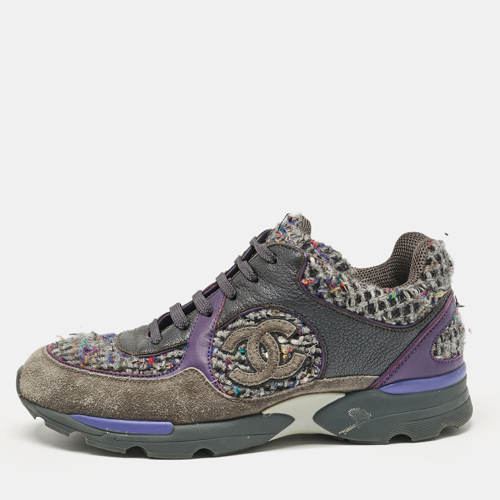 Chanel Multicolor Leather and Tweed CC Lace Up Sneakers Size 37.5