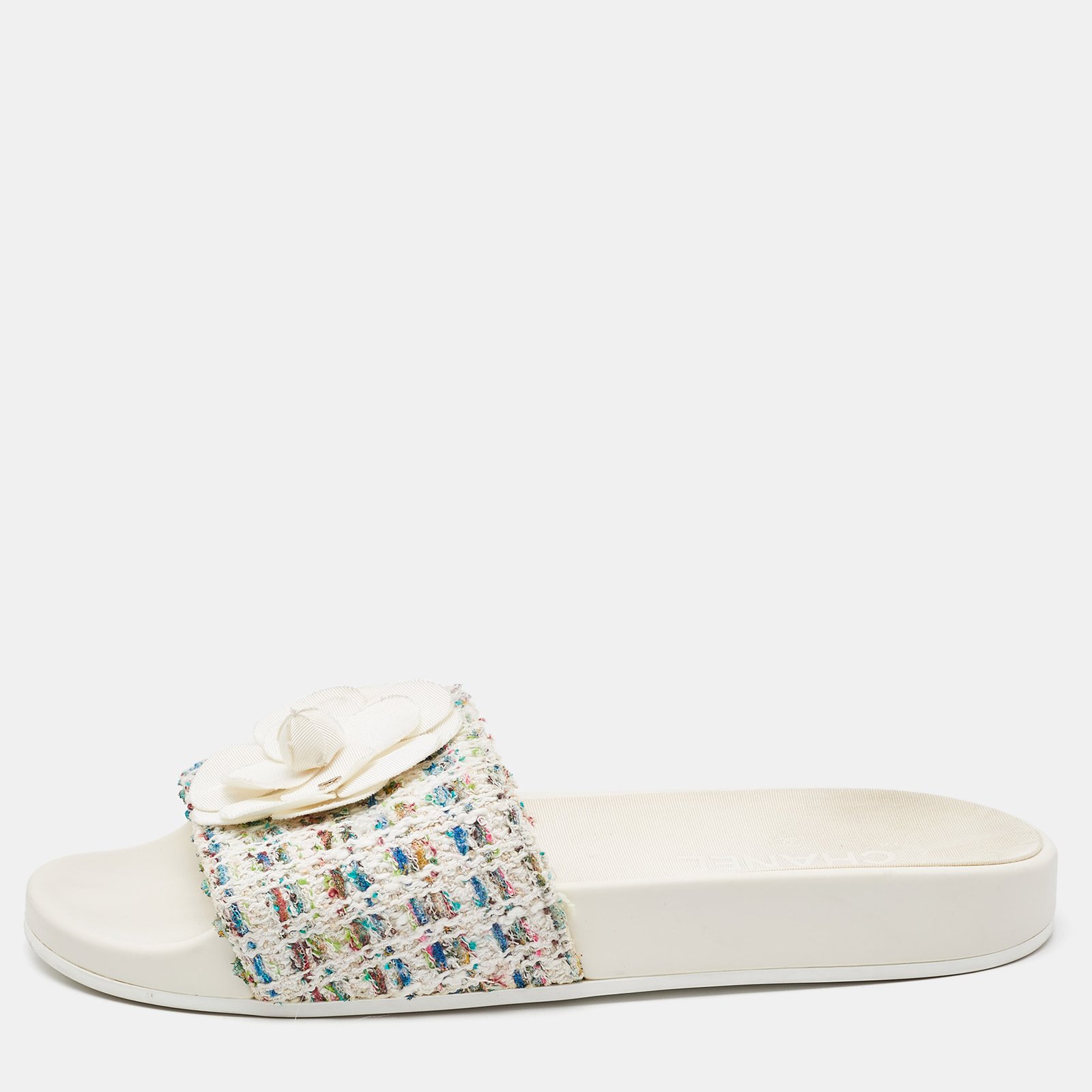 Chanel Multicolor Camellia Tweed CC  Flat Slides Size 40