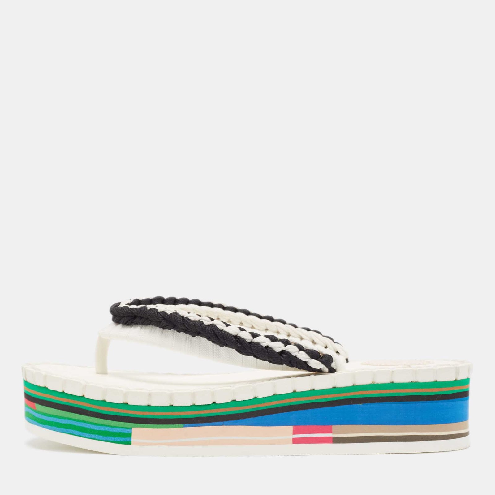 Chloe White/Black Braided Fabric Lou Thong Sandals Size 37
