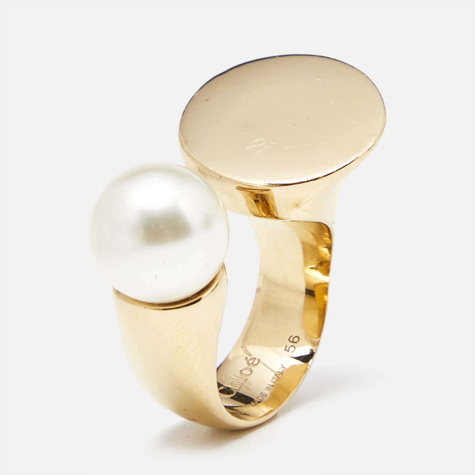 Chloé Darcey Faux Pearl Gold Tone Ring Size 57