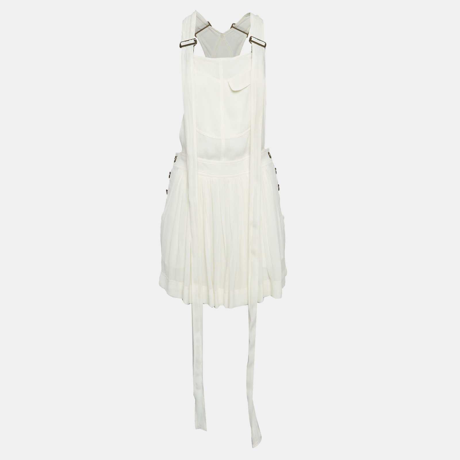 Chloe Milk White Georgette Buckle Front Pleated Mini Dress S