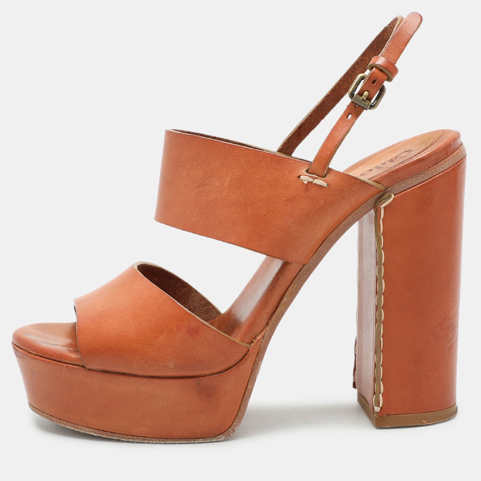 Chloe Brown Leather Platform Ankle Strap Sandals Size 35.5