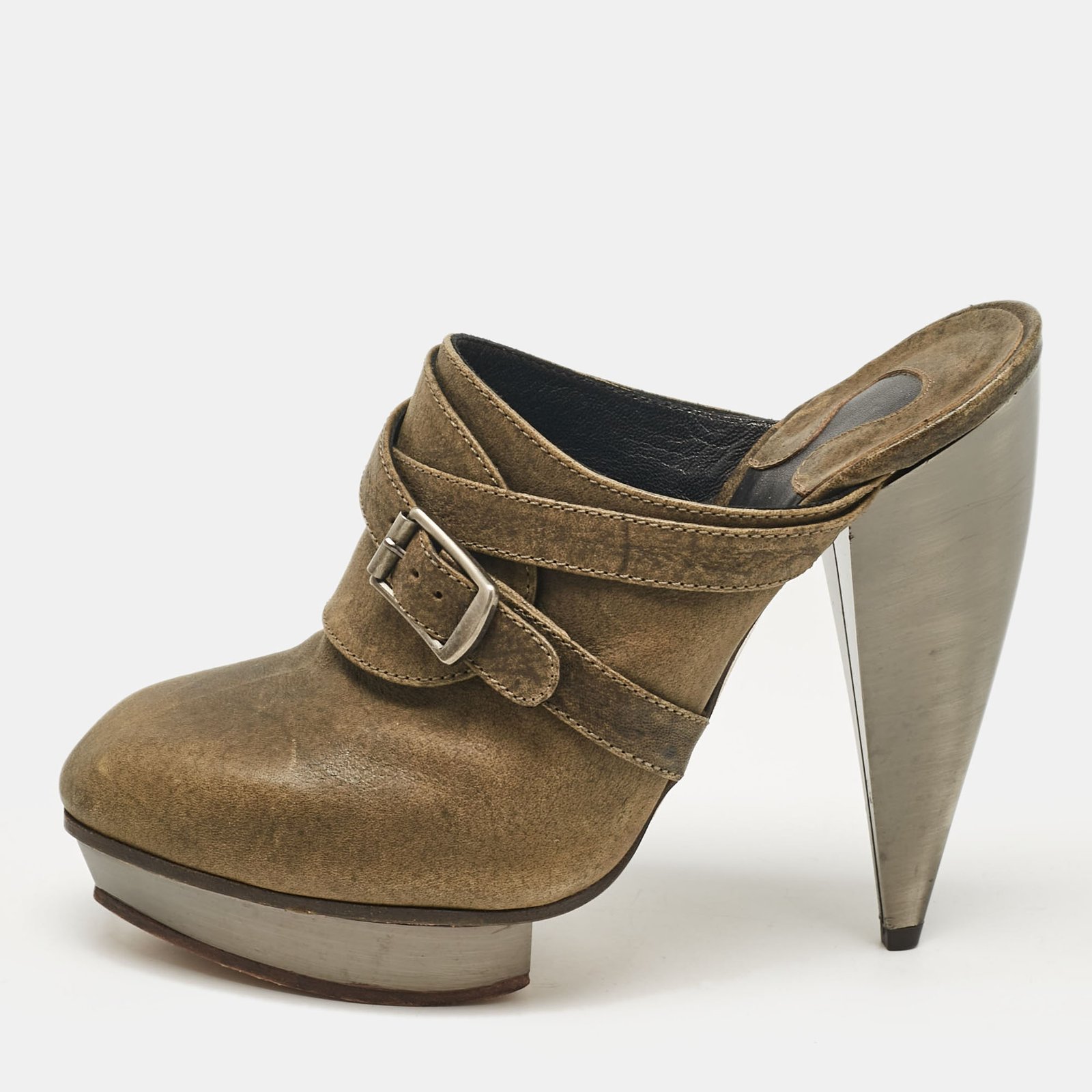 Chloe Olive Green Leather Strappy Platform Mules Size 37