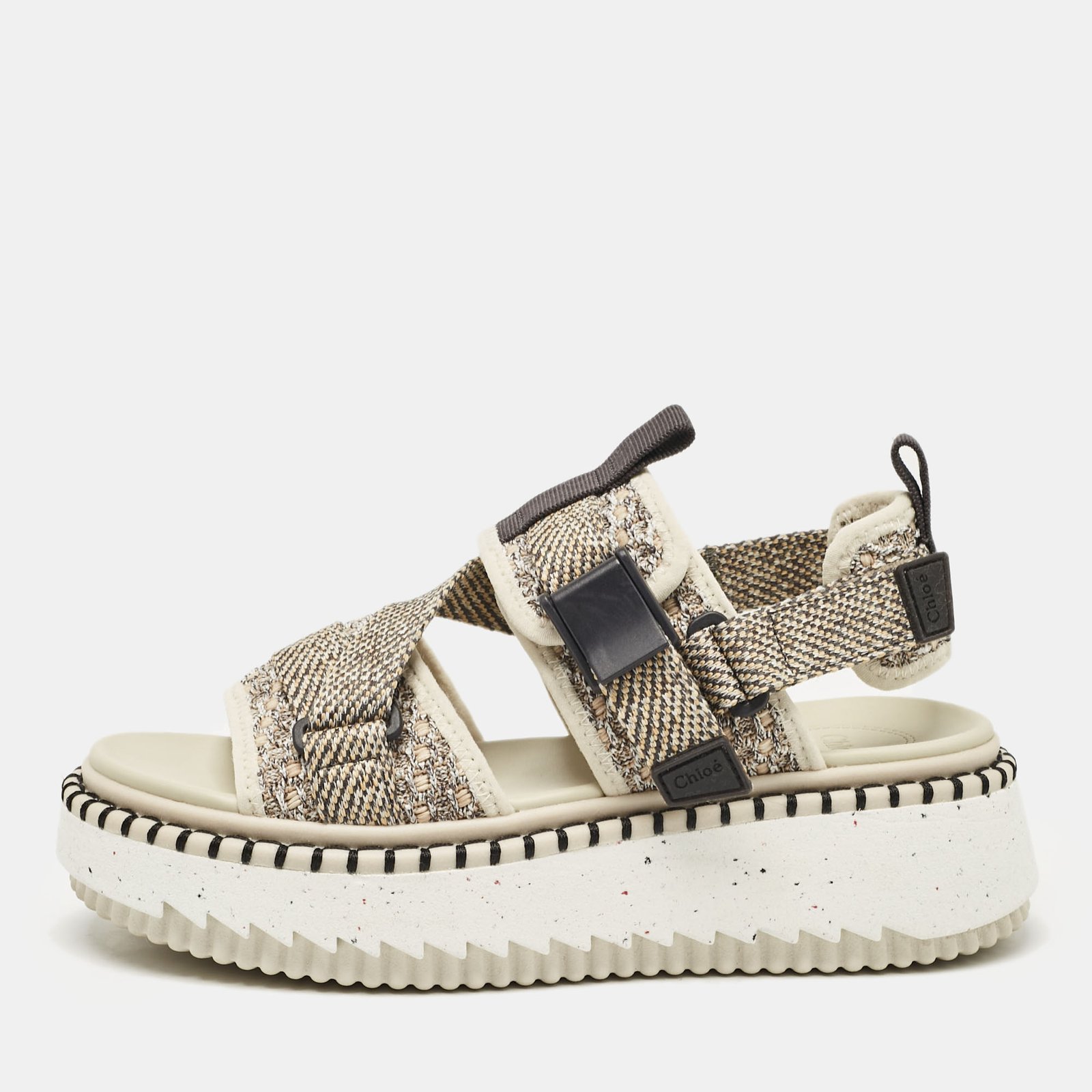 Chloe Cream/Brown Canvas Lilli Ankle Strap Sandals Size 37