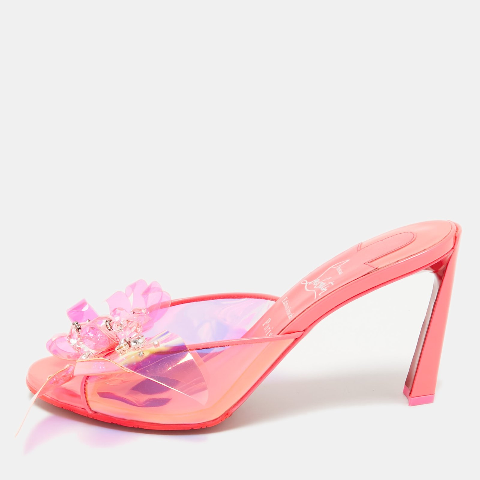 Christian Louboutin Neon Pink PVC Embellished Alyah Slide Sandals Size 38