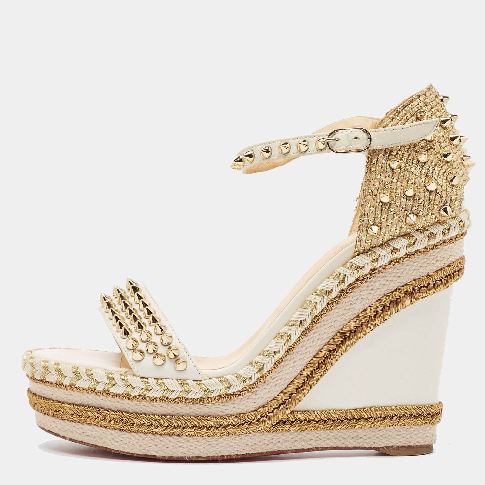 Christian Louboutin Cream Leather and Raffia Wedge Ankle Strap Sandals Size 40