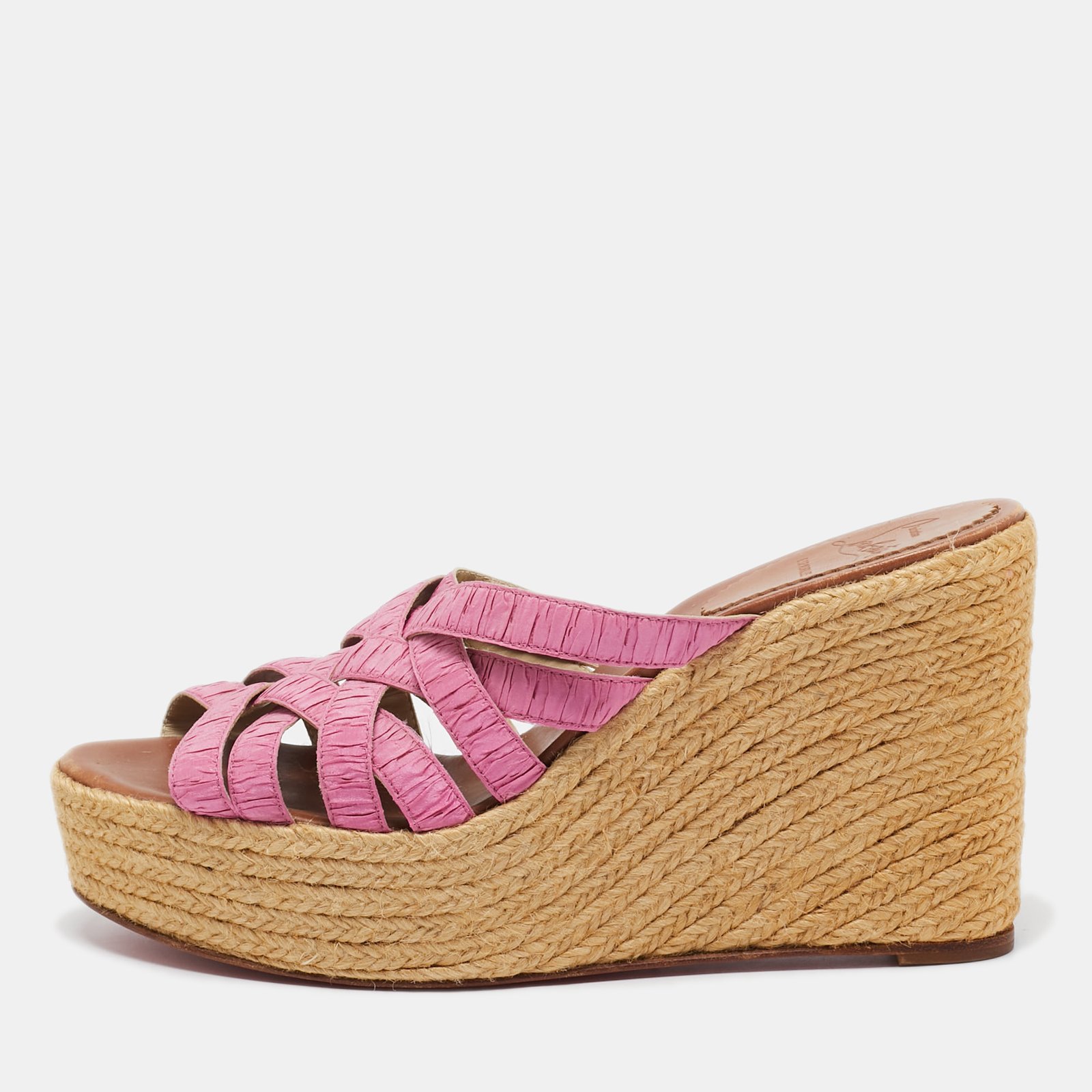 Christian Louboutin Pink Pleated Fabric Espadrille Wedge Slide Sandals Size 41