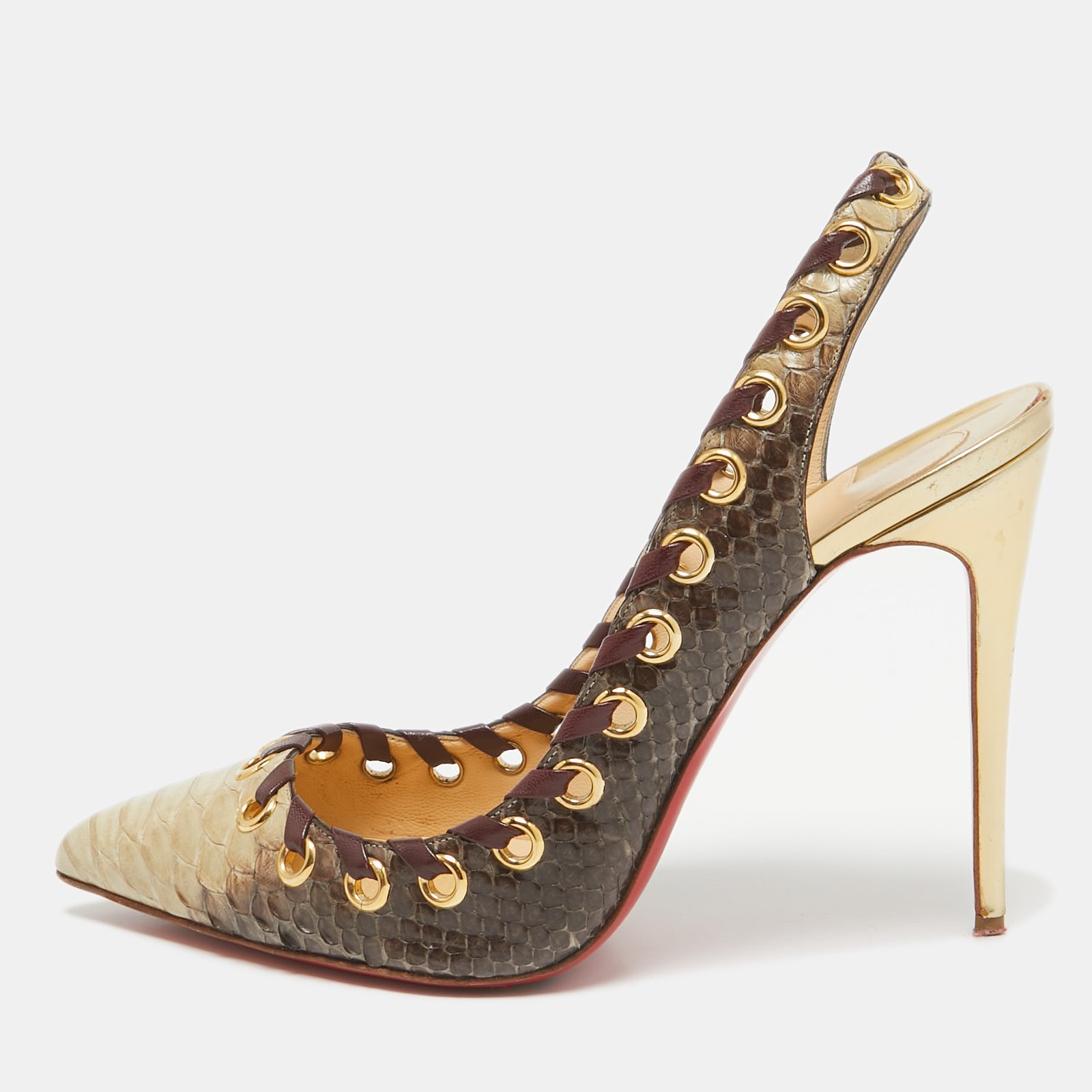 Christian Louboutin Grey/Beige Python Ostri Slingback Pumps Size 40.5