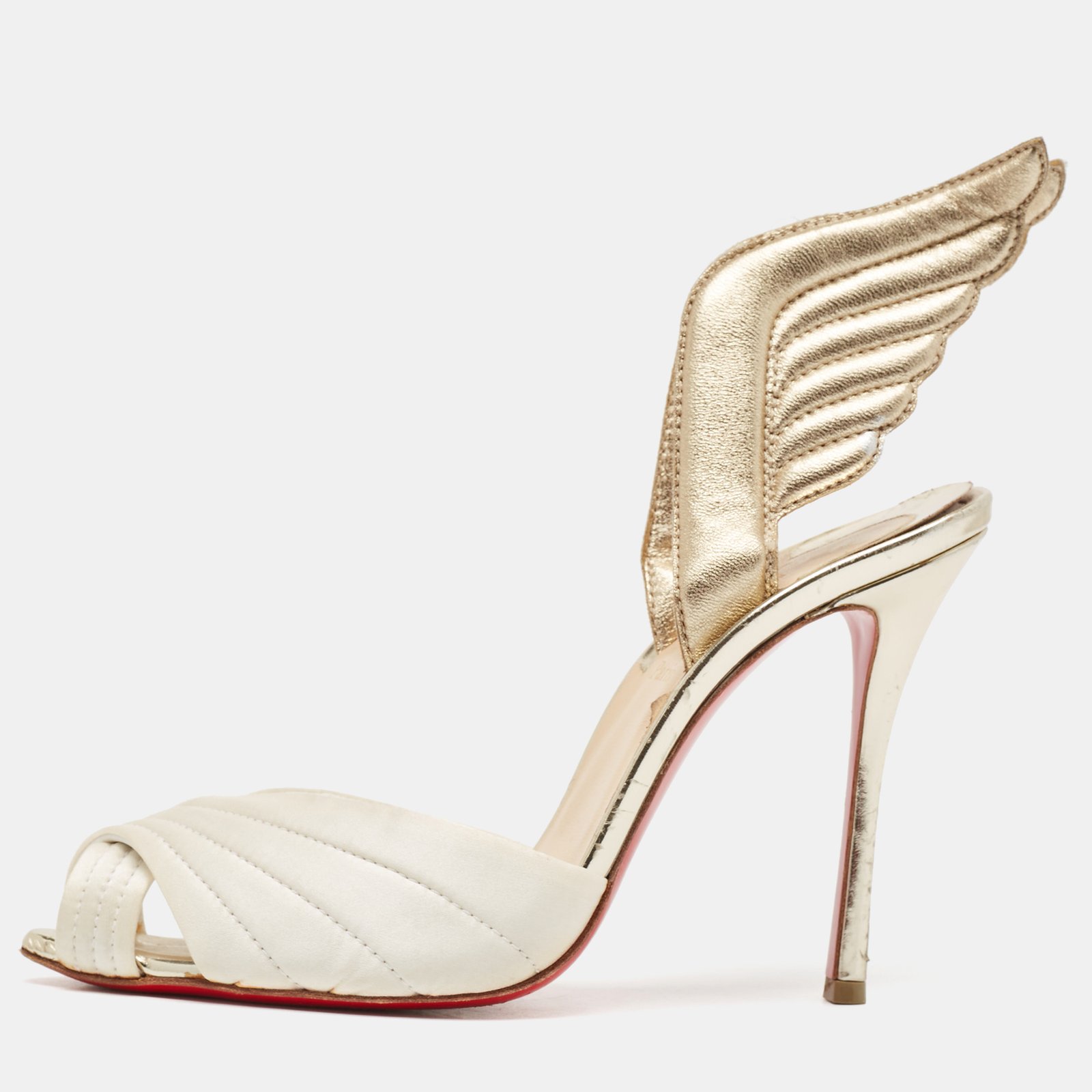 Christian Louboutin White/Gold Satin and Leather Samotresse Sandals Size 38