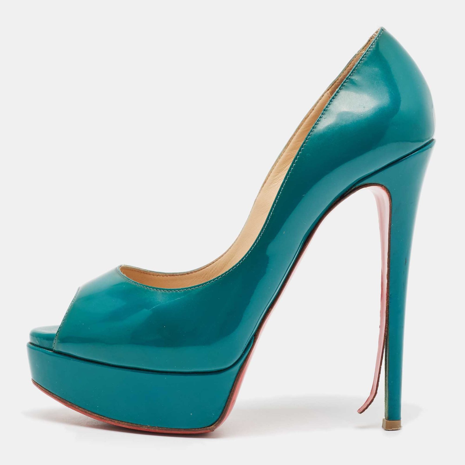 Christian Louboutin Green Patent Leather Lady Peep Pumps Size 37
