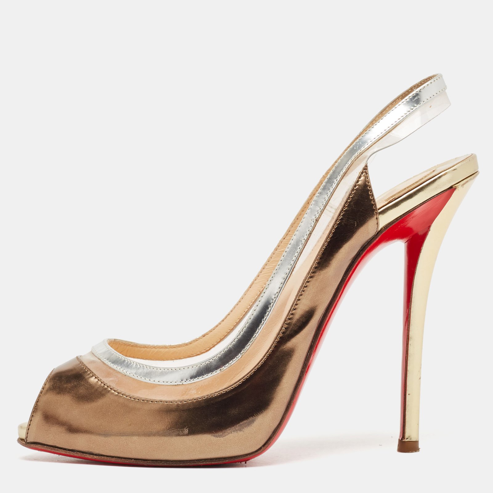 Christian Louboutin Gold/Silver Leather and PVC Paulina Peep Toe Pumps Size 38