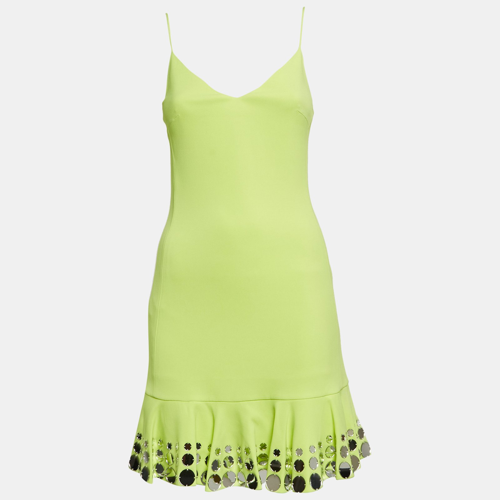 David Koma Neon Green Mirror Embellished Jersey Flutter Mini Dress S