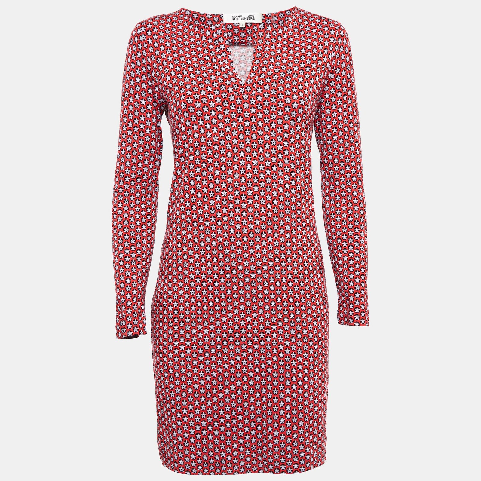 Diane Von Furstenberg Red Printed Knit Full Sleeves Mini Dress S
