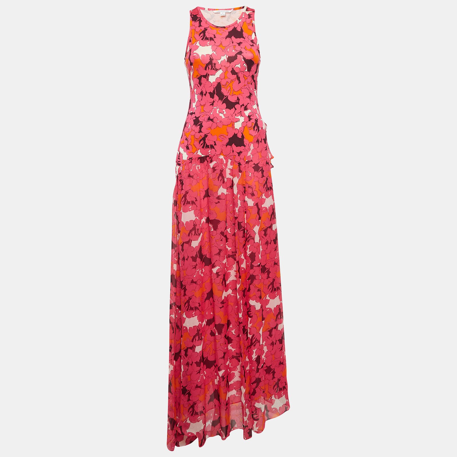 Diane Von Furstenberg Pink Eden Garden Print Jersey and Silk Davina Maxi Dress M