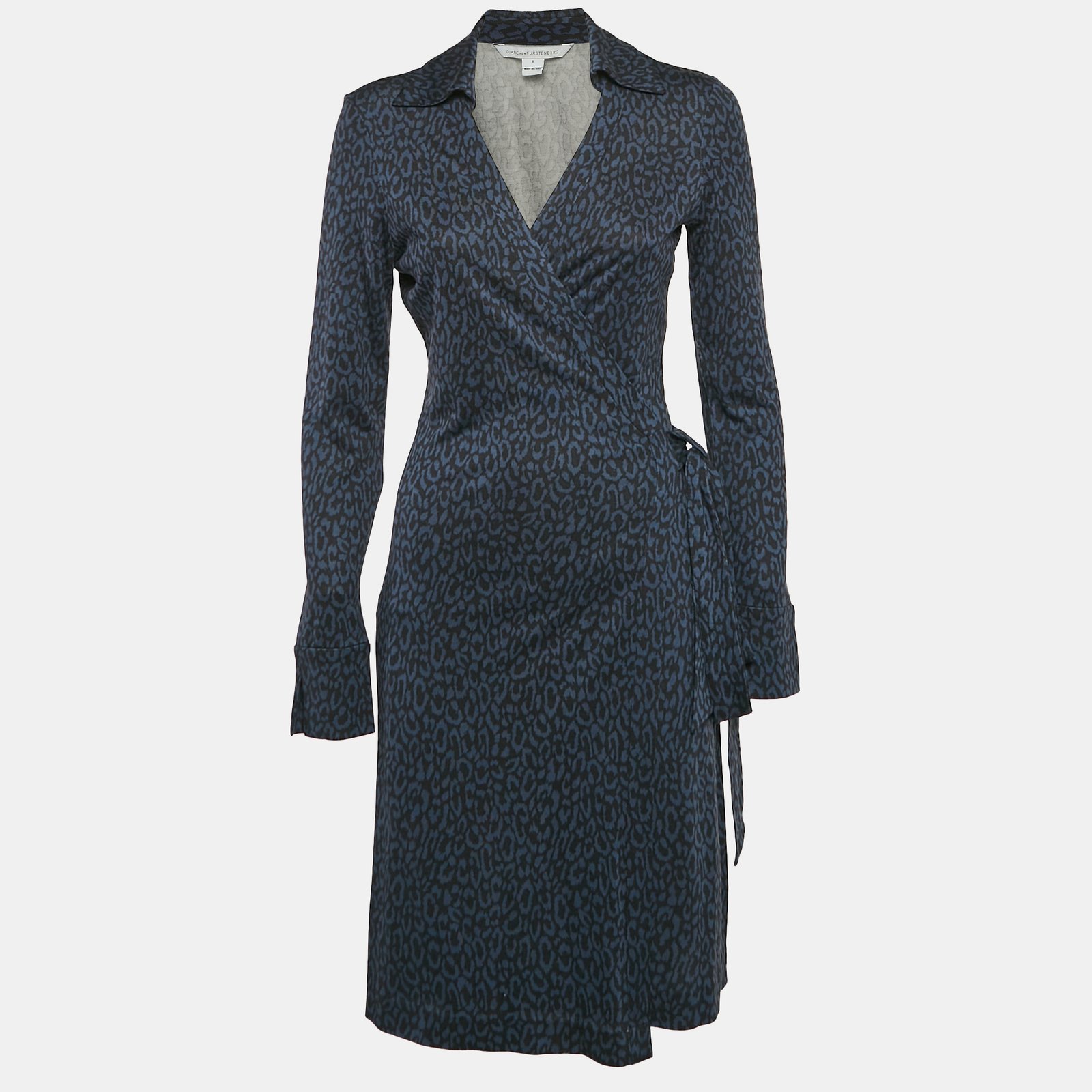 Diane Von Furstenberg Navy Blue Animal Print Silk Jersey Cybil Wrap Dress M