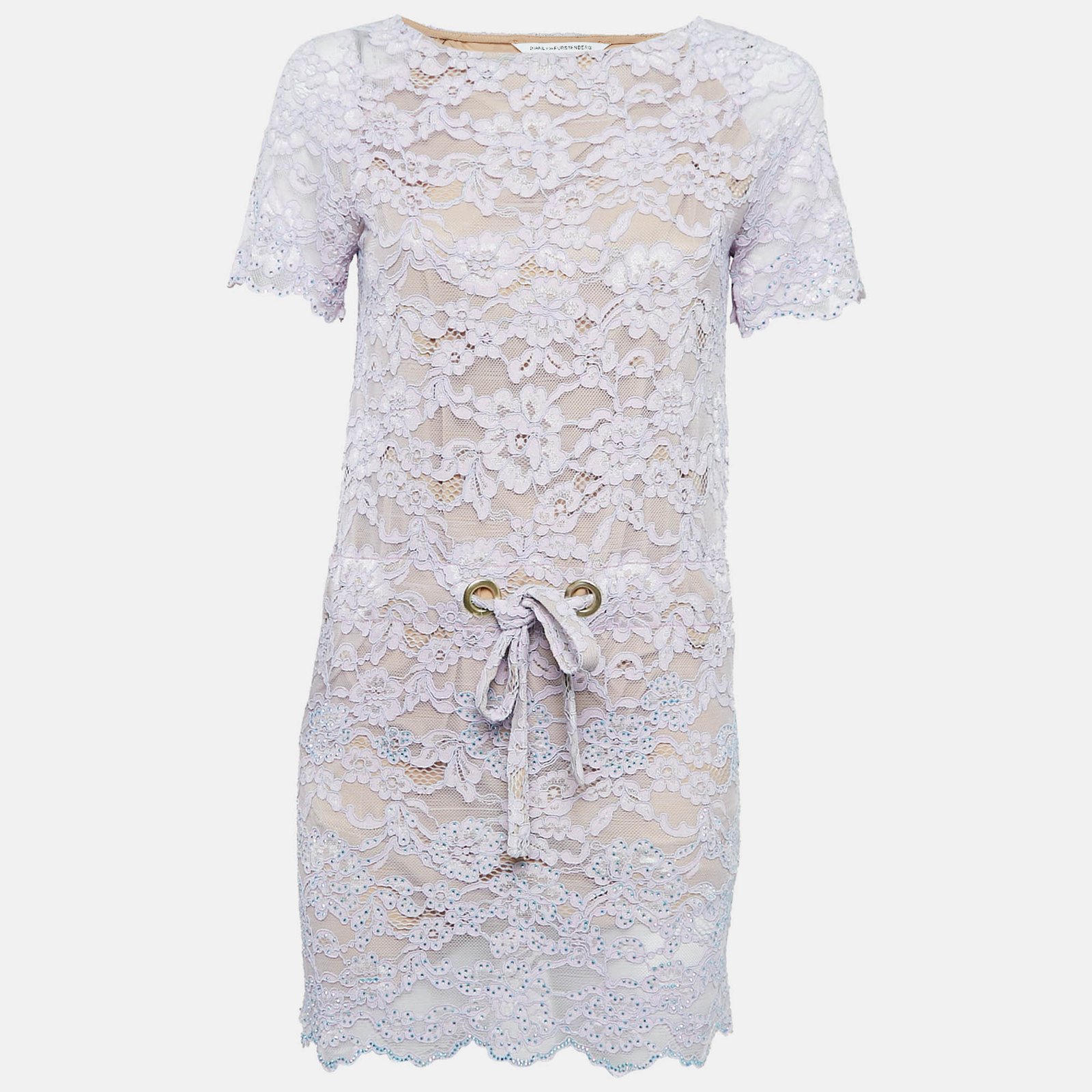 Diane Von Furstenberg Purple Embellished Lace Tie-Up Waist Mini Dress S