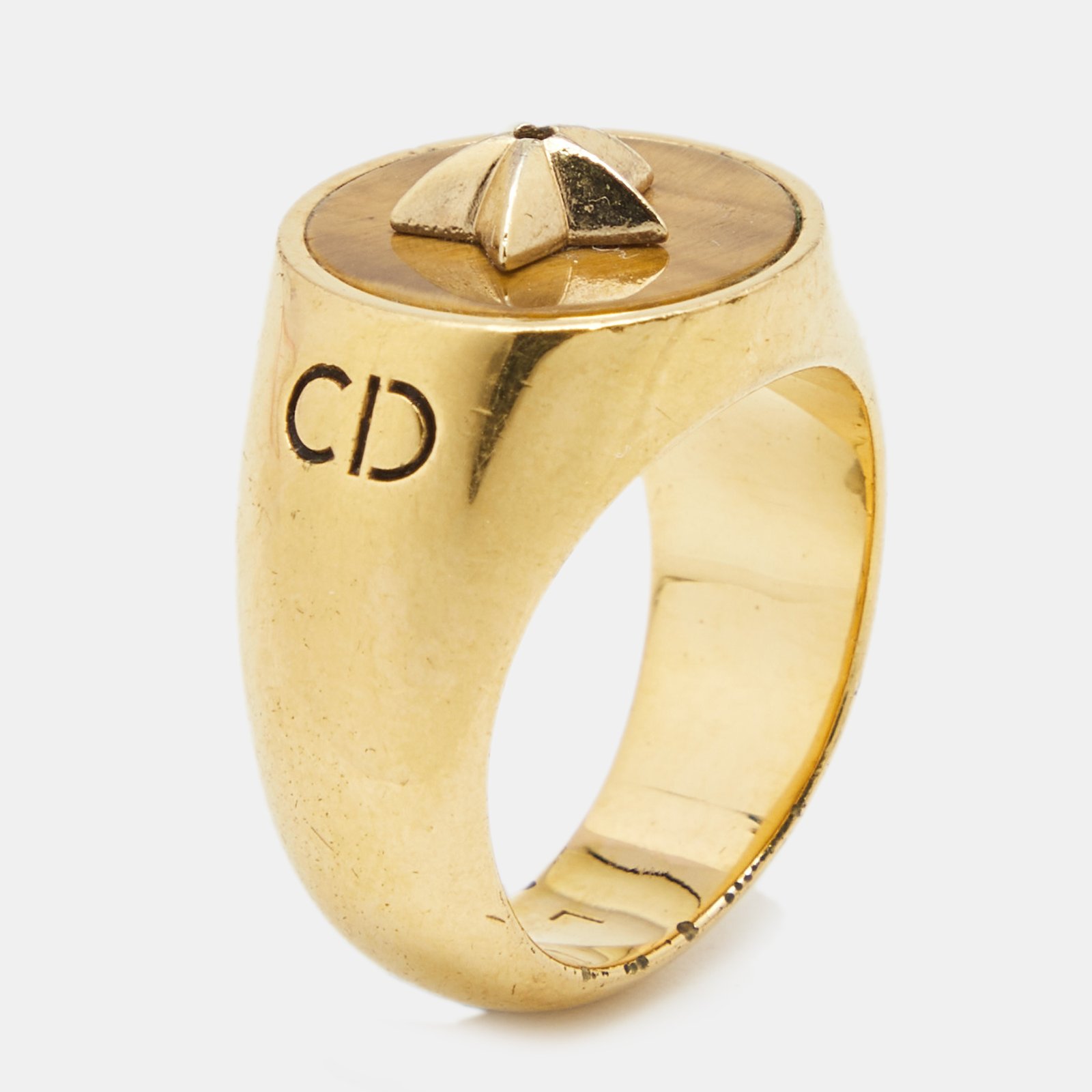 Dior CD Tigers Eye Gold Tone Ring Size 53