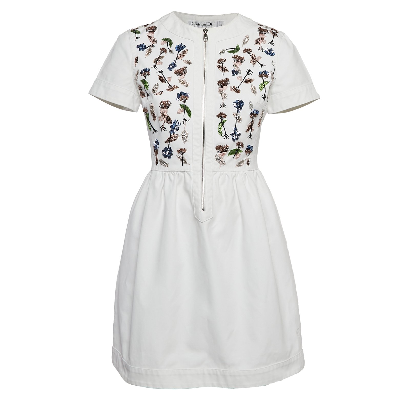 Christian Dior White Floral Beaded Cotton Mini Dress M