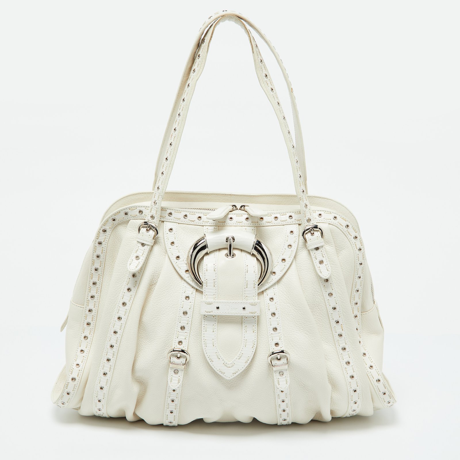 Dior White Lizard and Leather Buckle Detail Zip Satchel