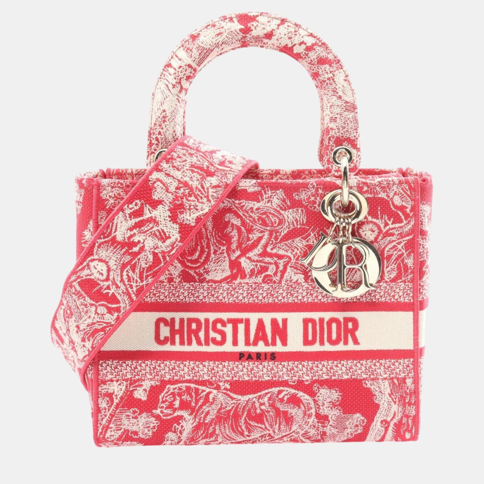Christian Dior Dior Lady D-Lite Medium Embroidered Canvas Red White Handbag