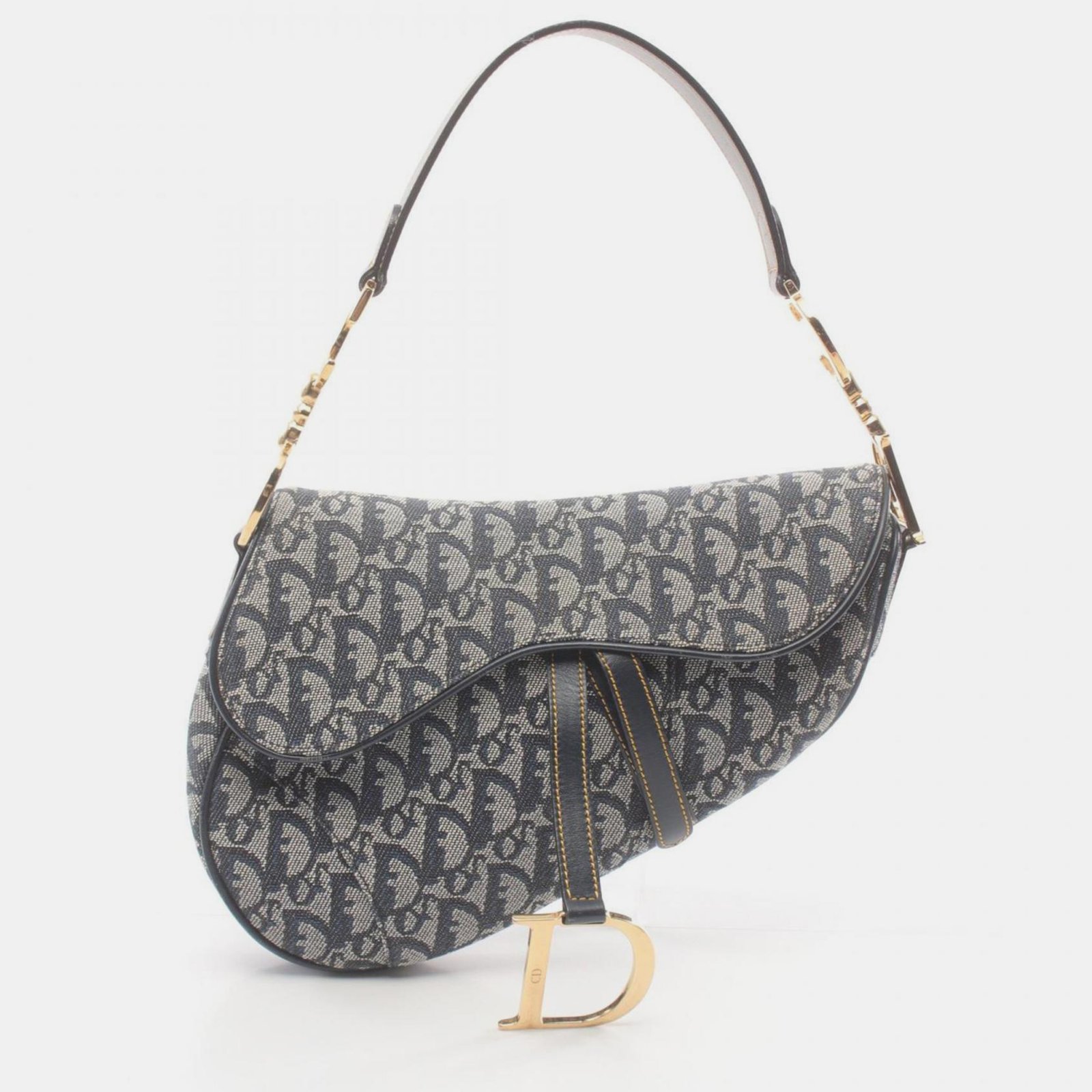 Christian Dior Gray Navy Canvas Leather Dior Saddle Trotter Bag