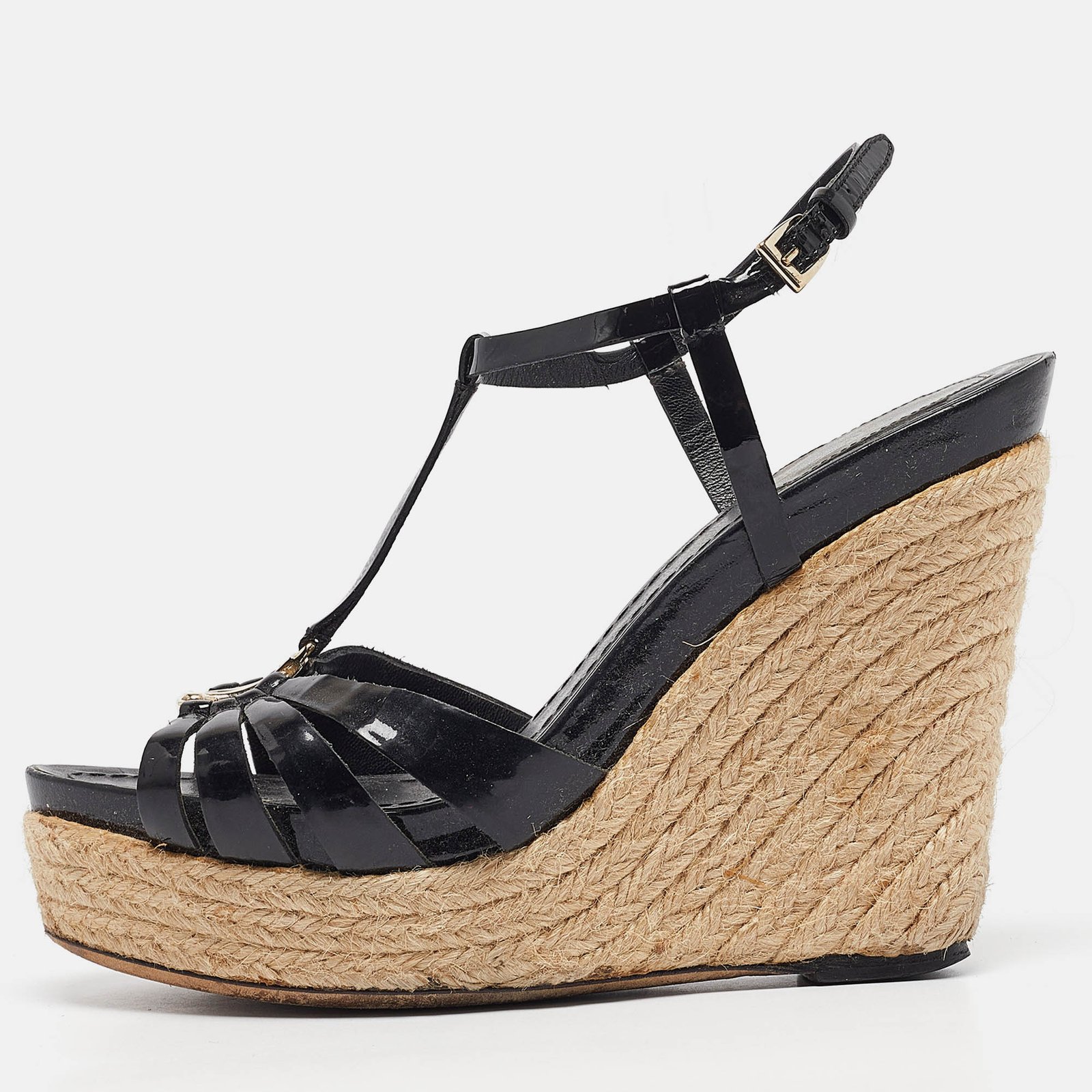 Dior Black Patent Leather Wedge Sandals Size 39
