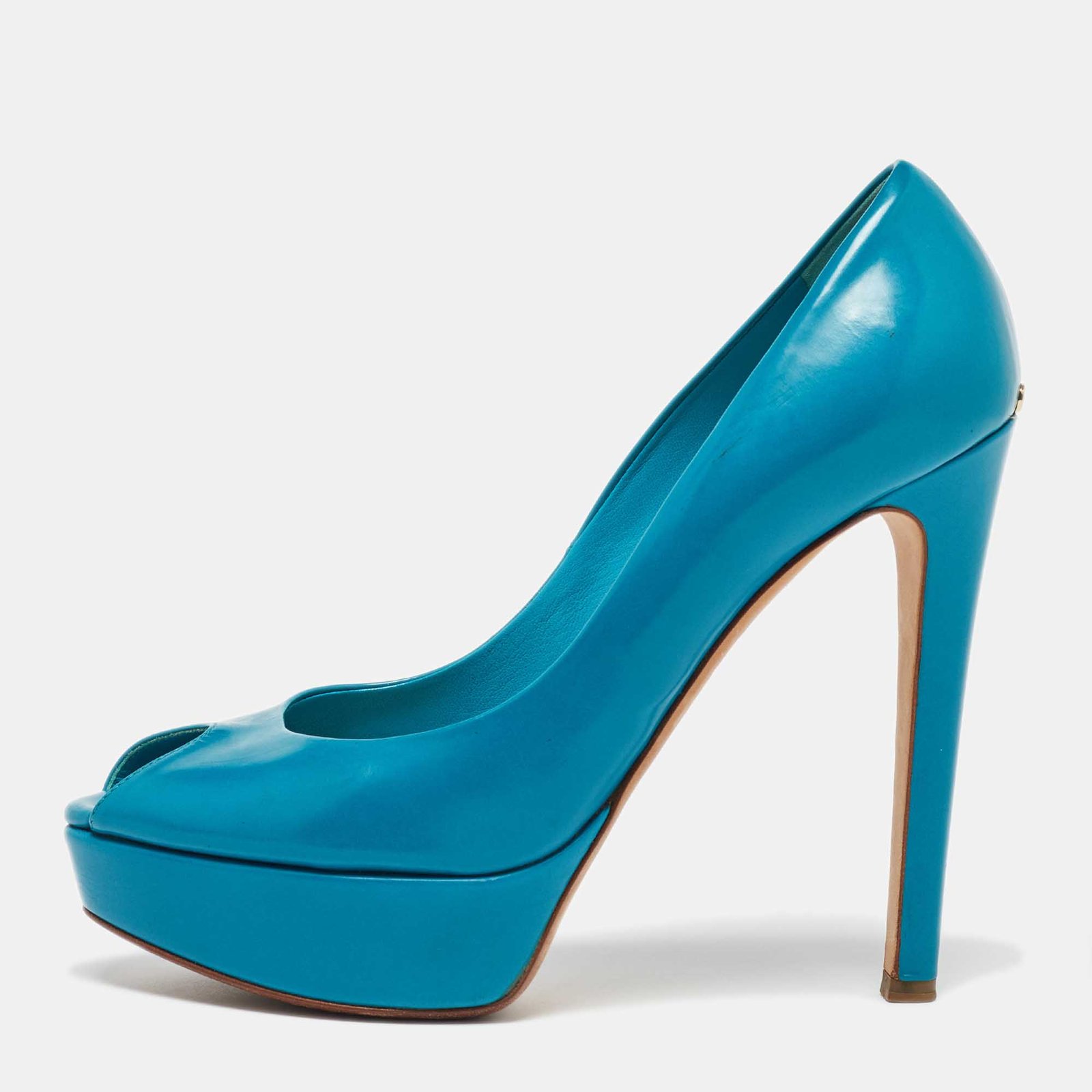 Dior Blue Patent Leather Miss Dior Peep Toe Platform Pumps Size 38.5