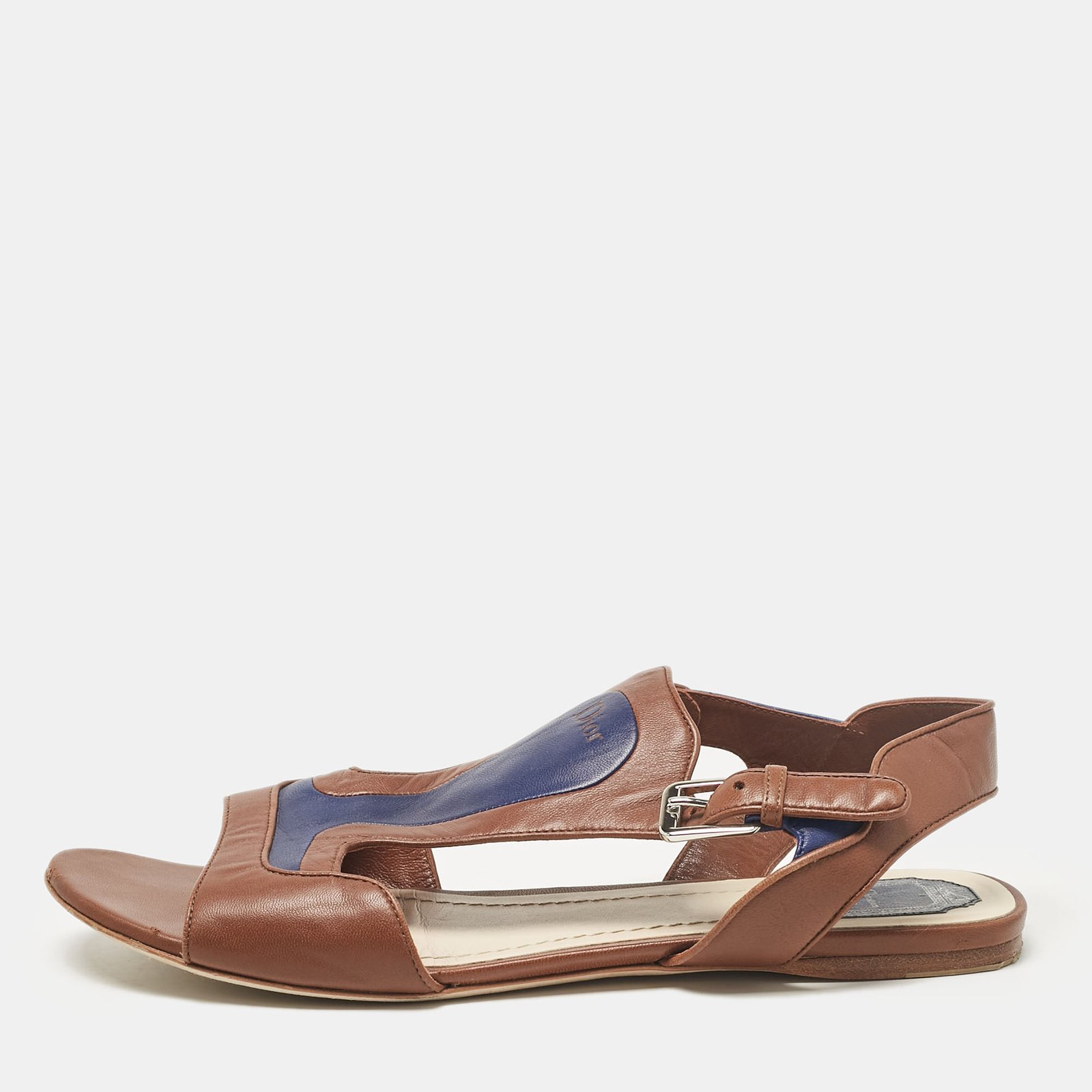 Dior Brown/Blue Leather Ankle Strap Flat Sandals Size 40.5