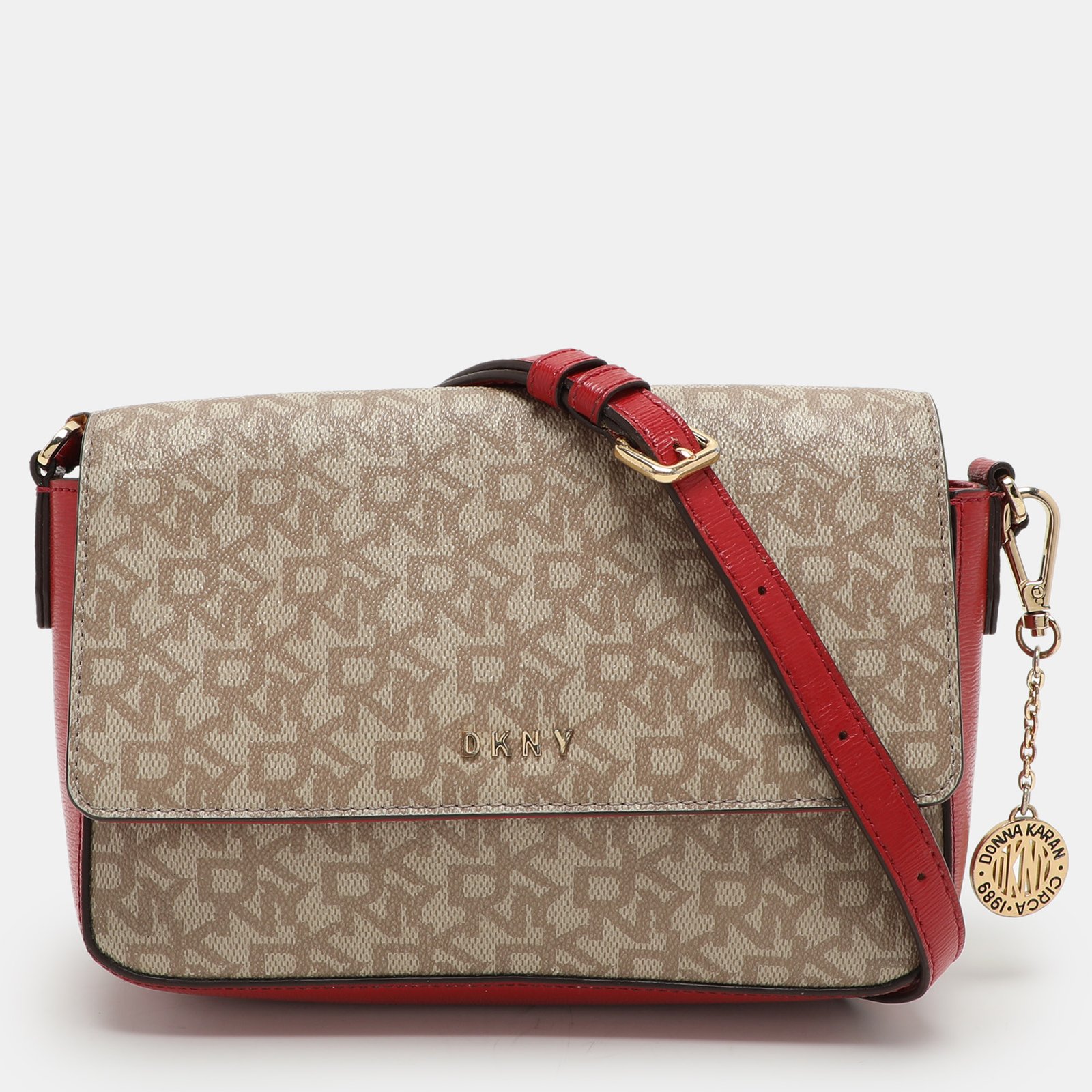 Dkny Beige/Red Signature Coated Canvas and Leather Crossbody Bag