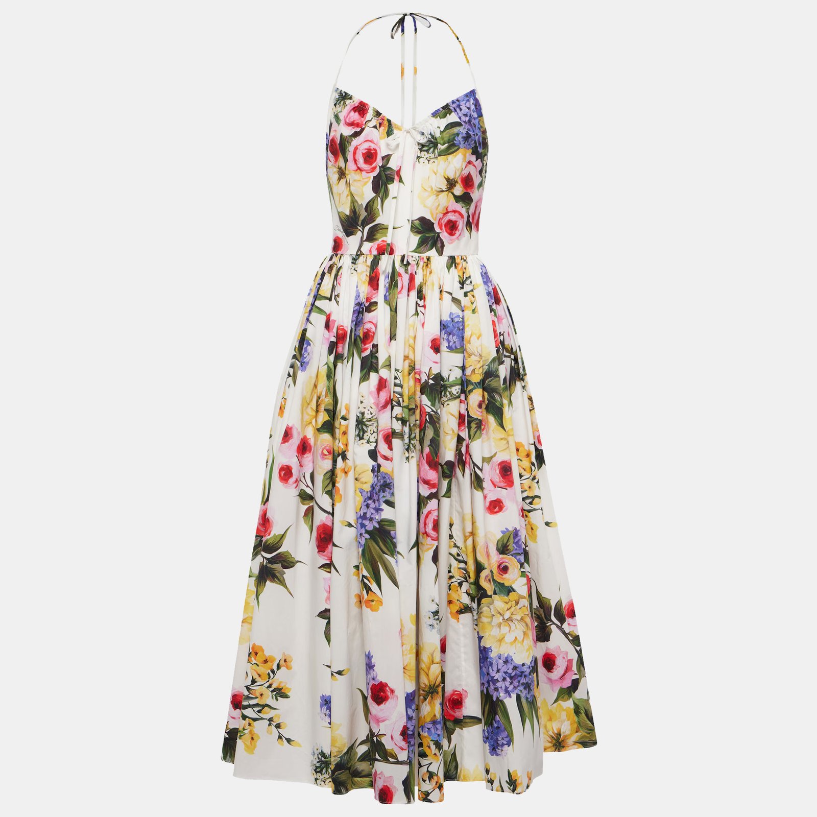 Dolce & Gabbana Floral Print Cotton Pleated Poplin Halter Tie-Up Neck Dress M