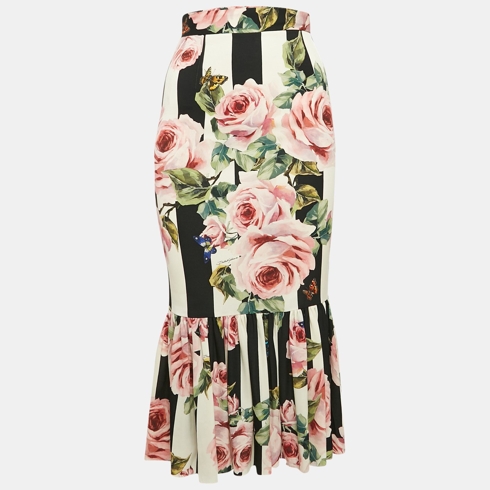 Dolce & Gabbana Pink/Black Rose Print Silk Flared Midi Skirt XS