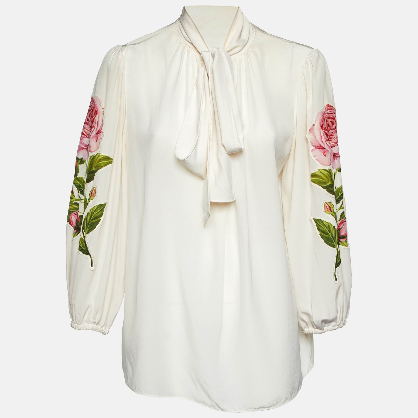 Dolce & Gabbana Cream Floral Appliqued Silk Blouse L