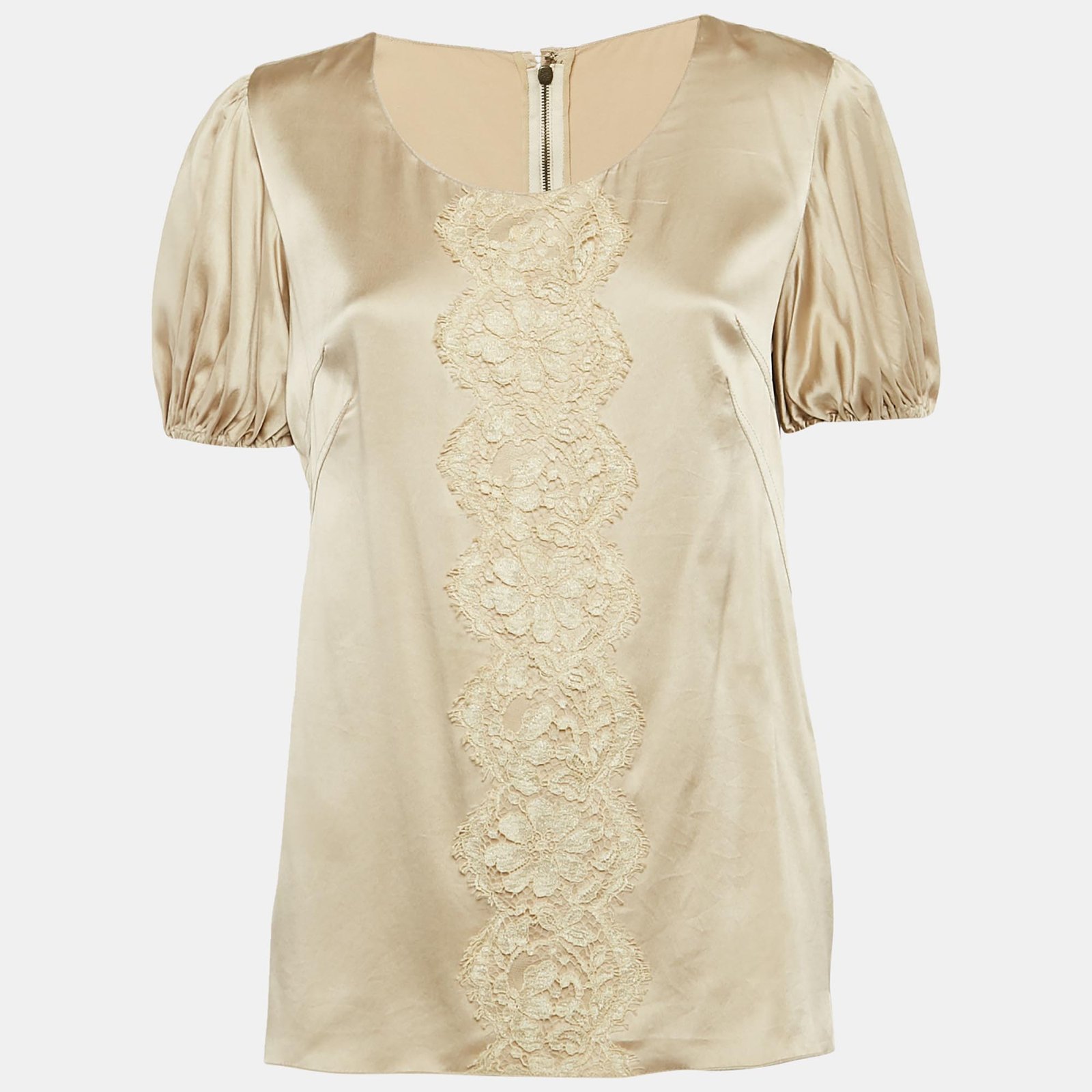 Dolce & Gabbana Cream Lace Trim Satin Puff Sleeve Blouse M