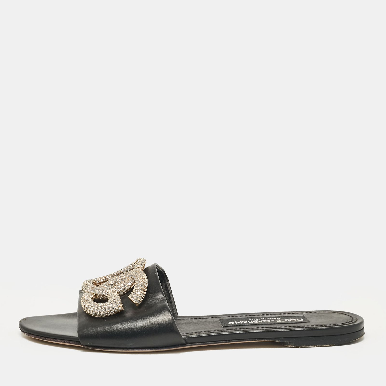 Dolce & Gabbana Black Leather DG Crystal Embellished Flat Slides Size 40