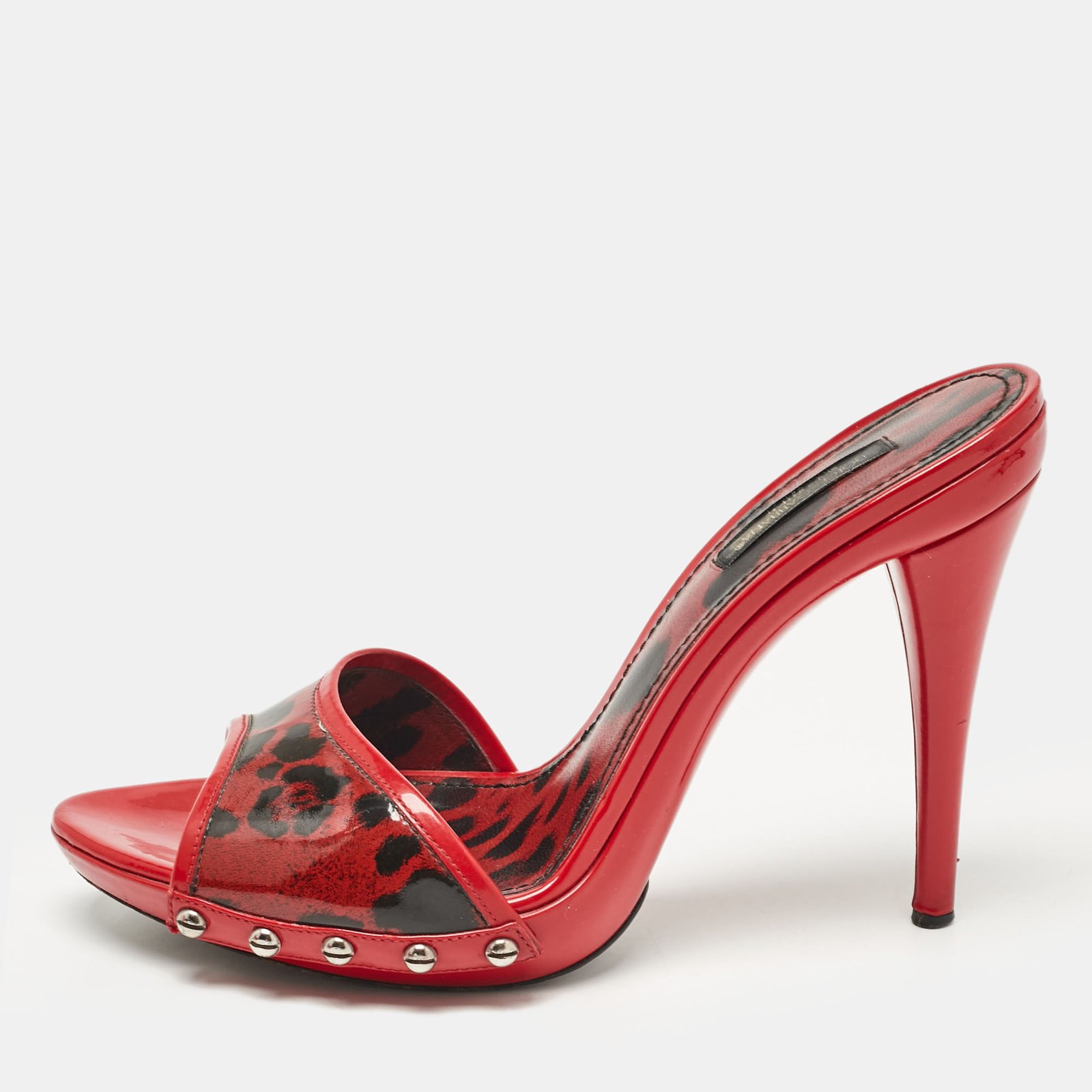 Dolce & Gabbana Red Patent Leather Leopard Print Slide Sandals Size 38